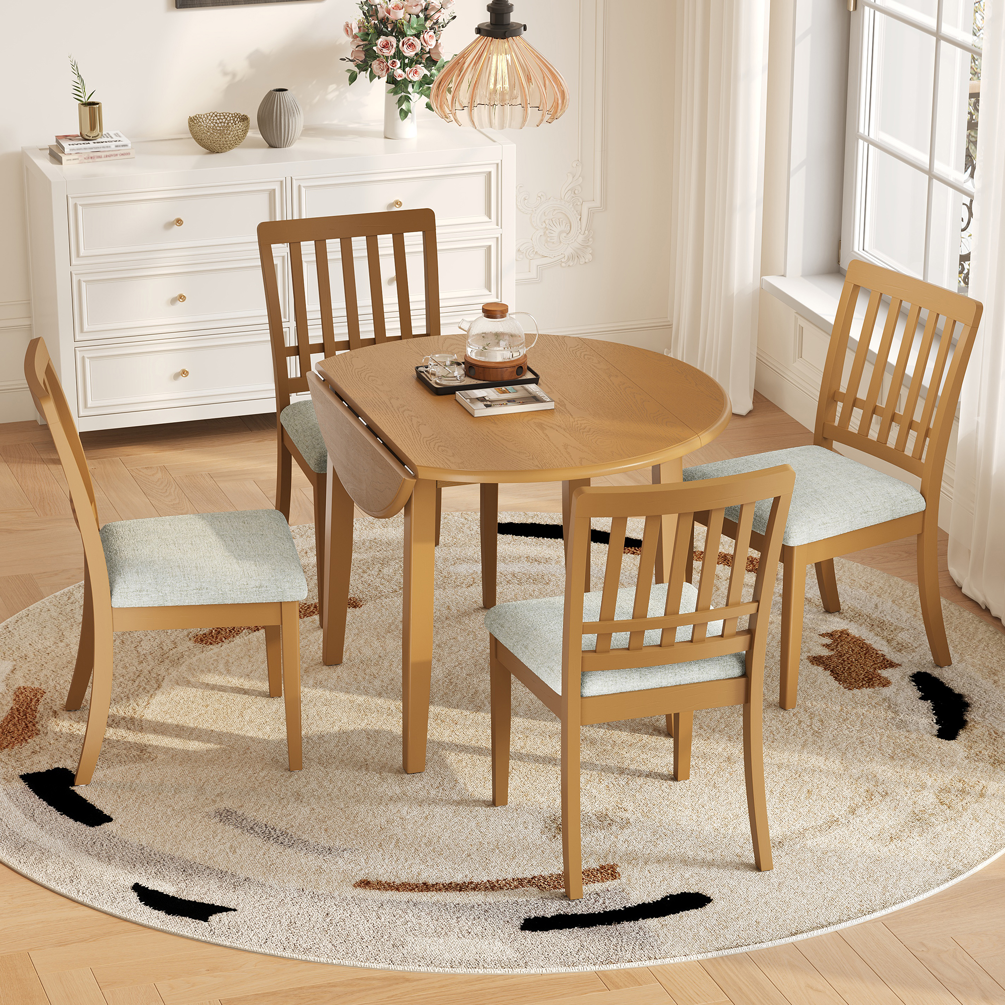 Ensemble table ronde 5 pc, 4 personnes, brun clair