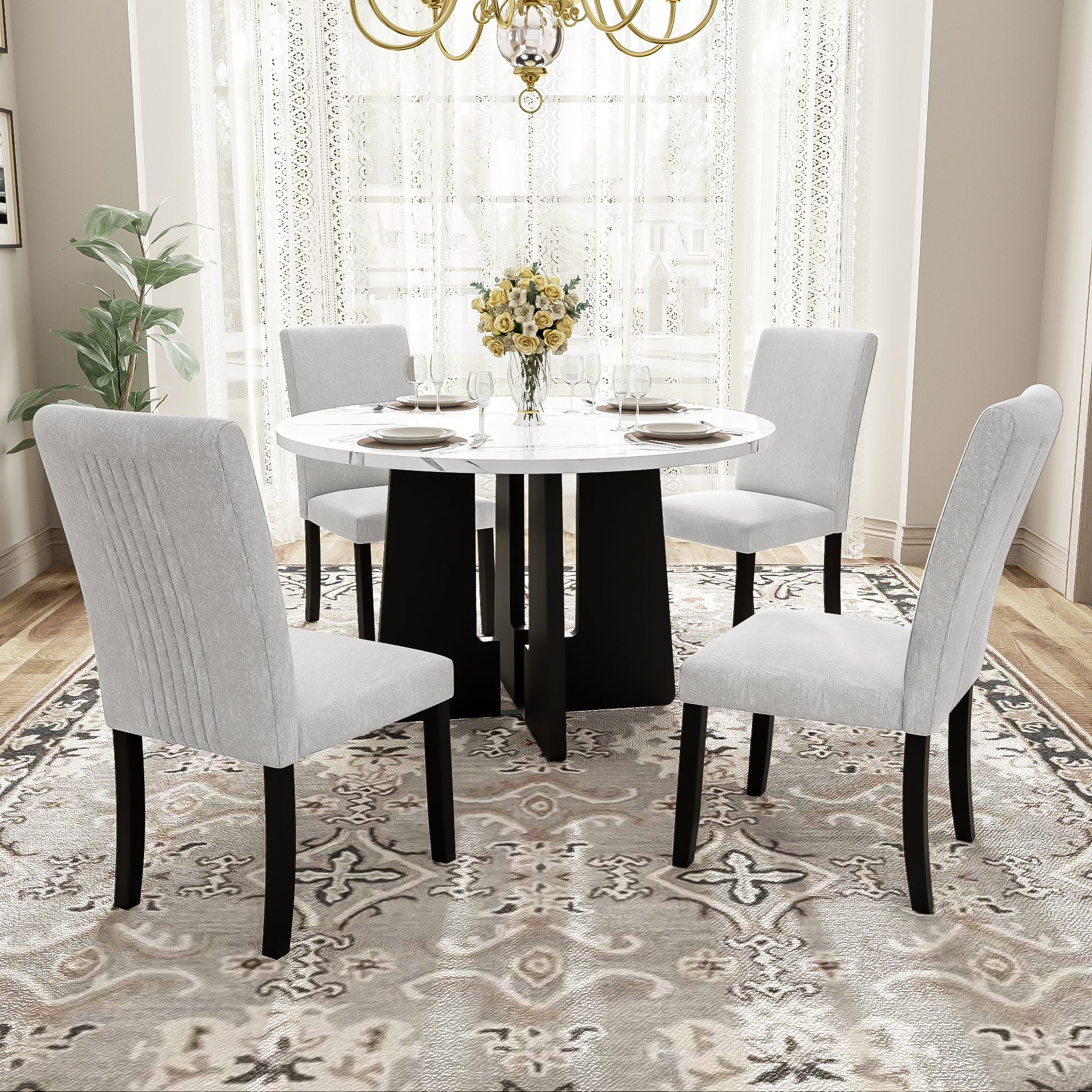 Ensemble table ronde 43 po, 4 chaises capitonnées