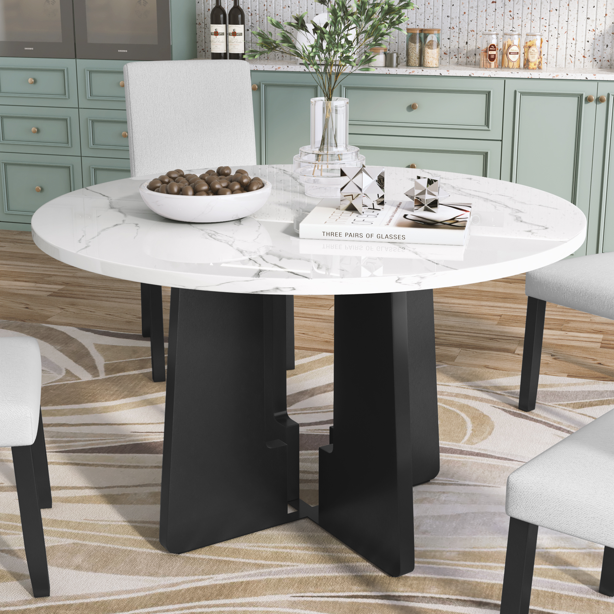 Table à manger ronde 43po, plateau faux marbre blanc