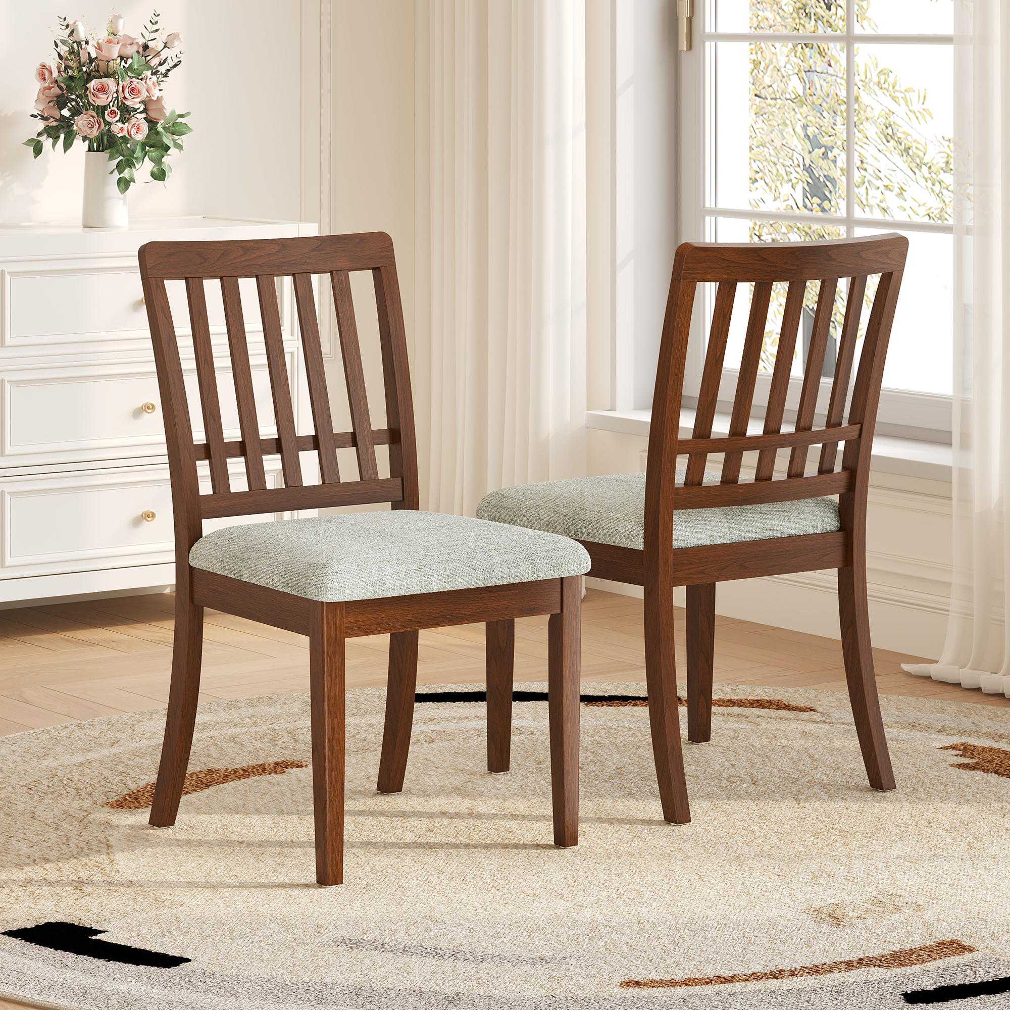 2 chaises scandinaves modernes, dossier bois, tissu gris