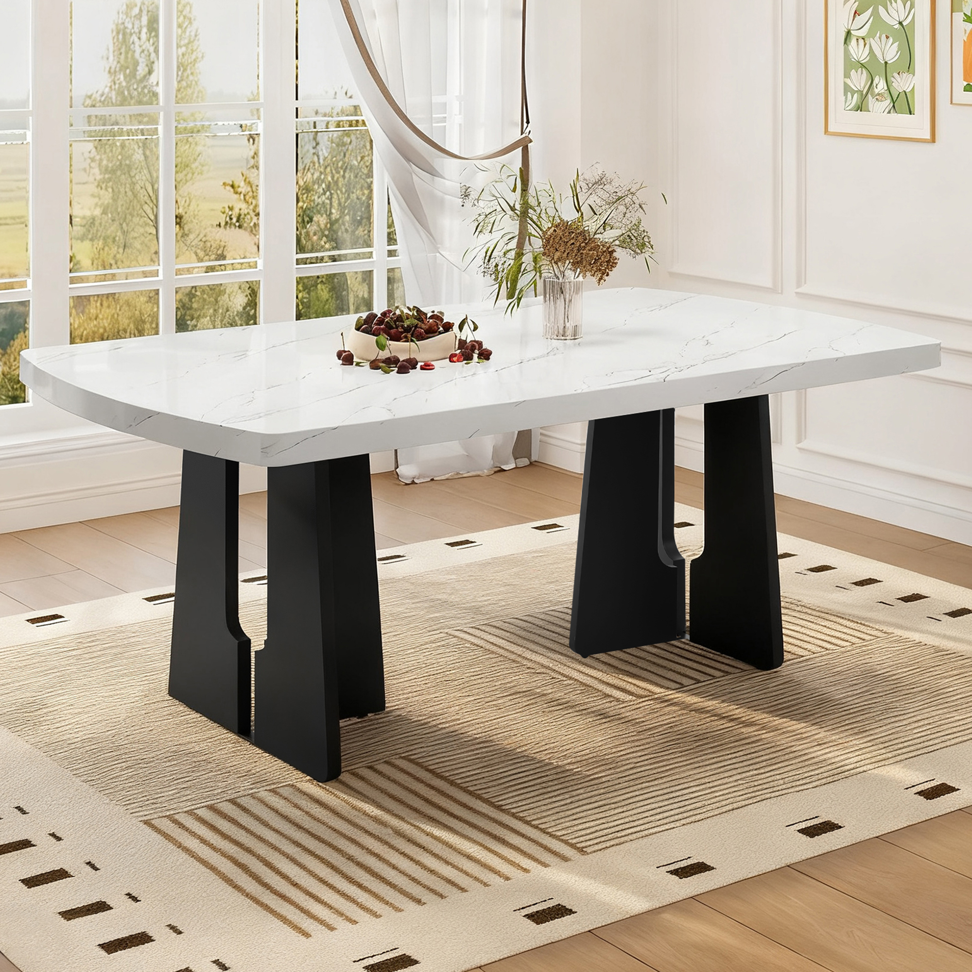 Table à manger 63po marbre faux, plateau noir et blanc, base géométrique