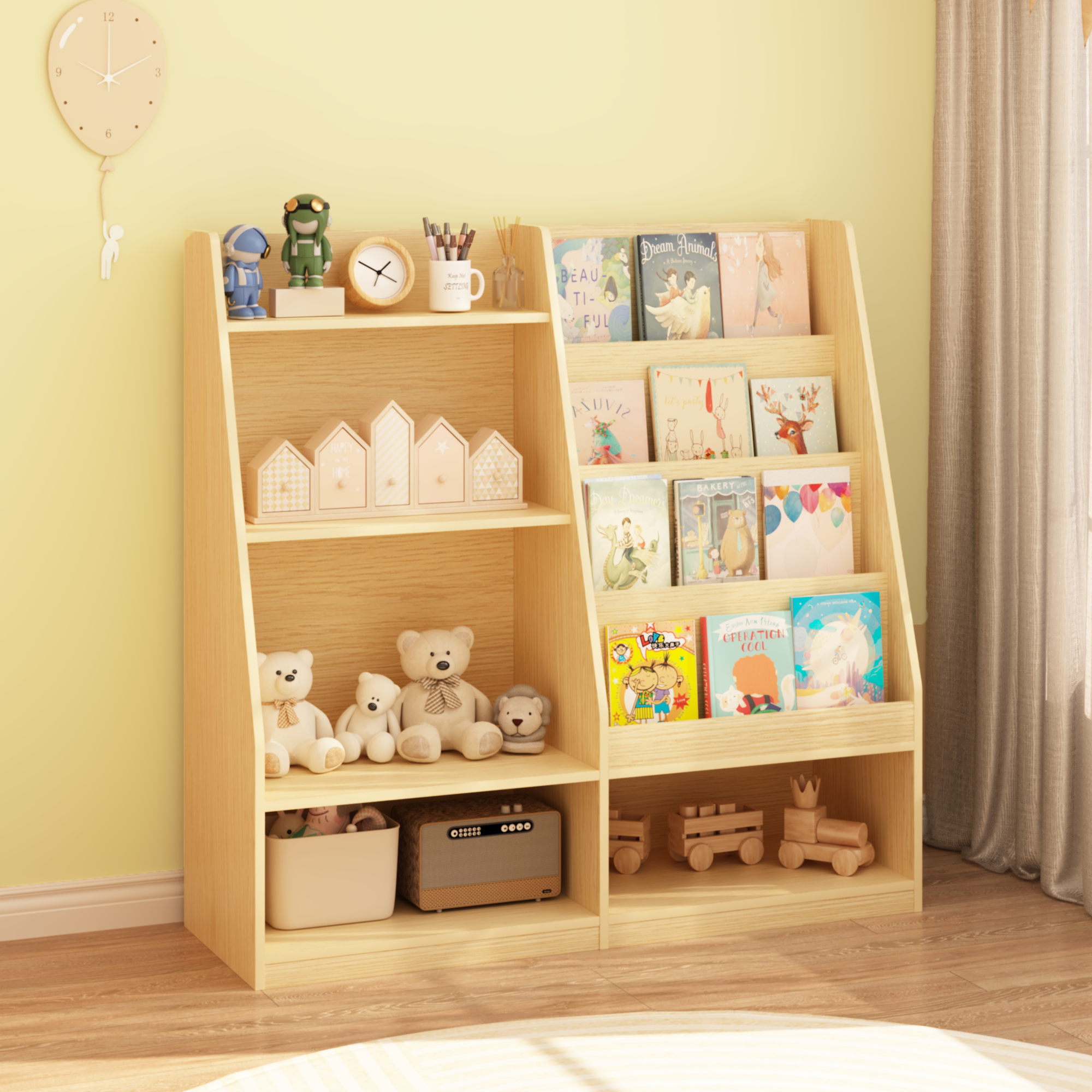 Bibliothèque enfants 4 étages bois, organisateur jouets naturel