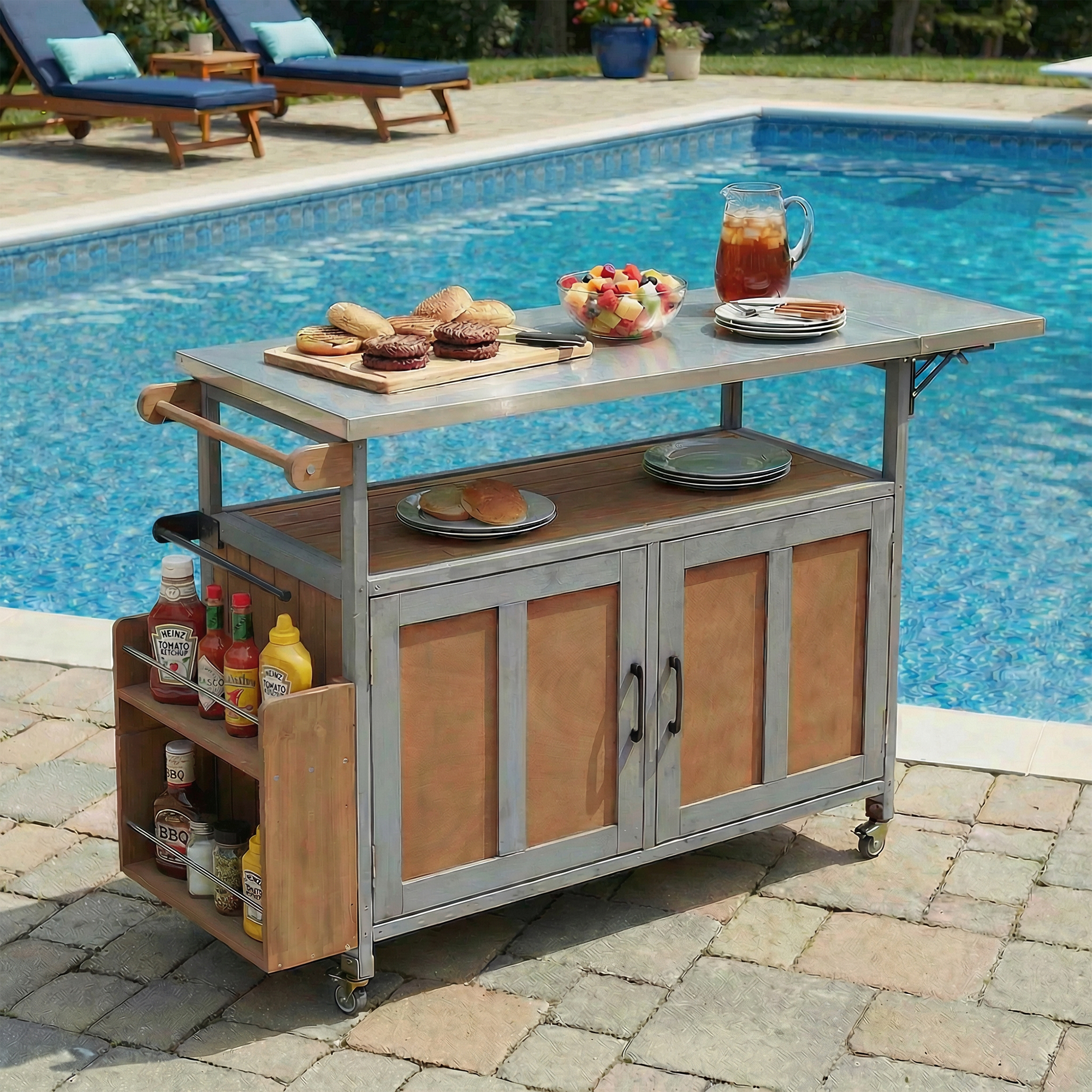Îlot cuisine extérieur pliable, chariot mobile, roulettes, gris espresso
