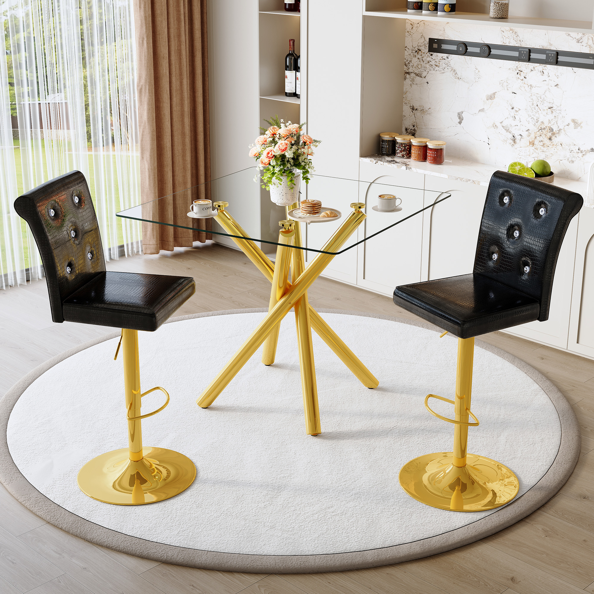 Ensemble table bar verre et 2 tabourets ajustables, noir