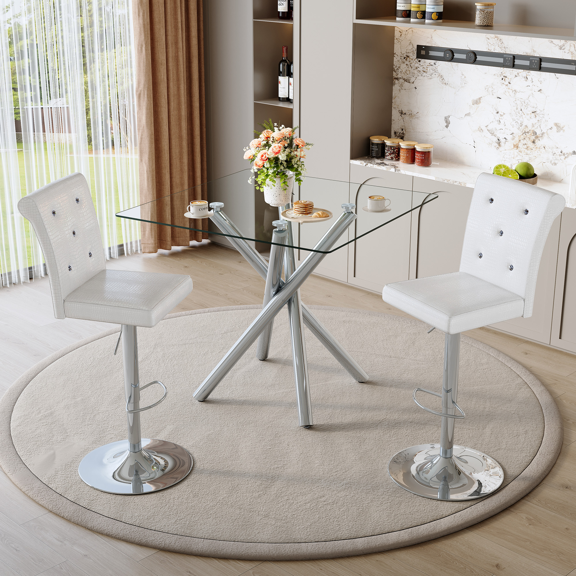 Table bar verre moderne, 2 tabourets PU blanc, hauteur comptoir