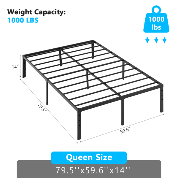 Lit plateforme métal reine noir simple 14po hauteur