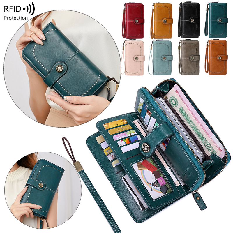 Portefeuille femme fermeture éclair RFID long capacité