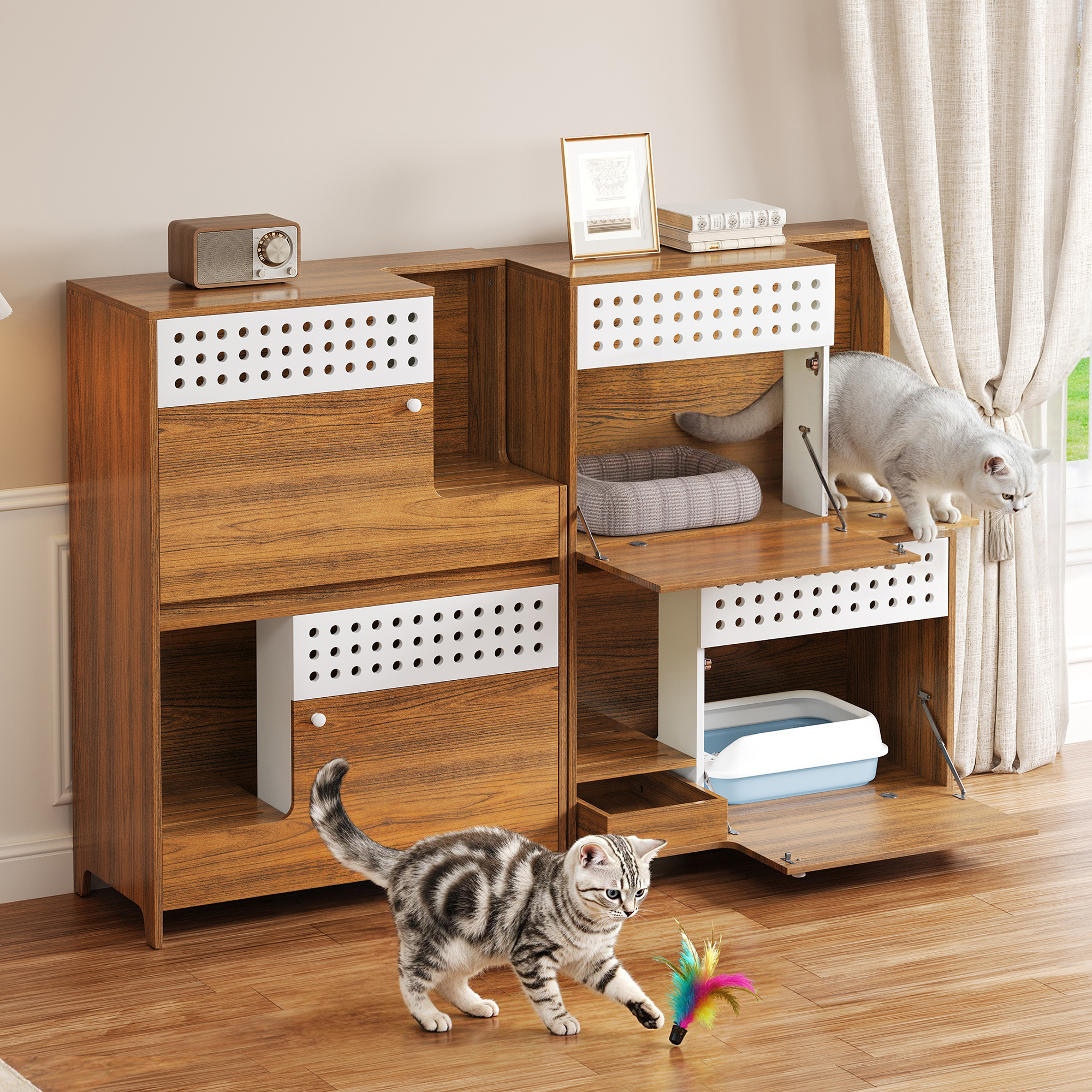 Meuble Chat 2 en 1 Brun Litière Table Rangement