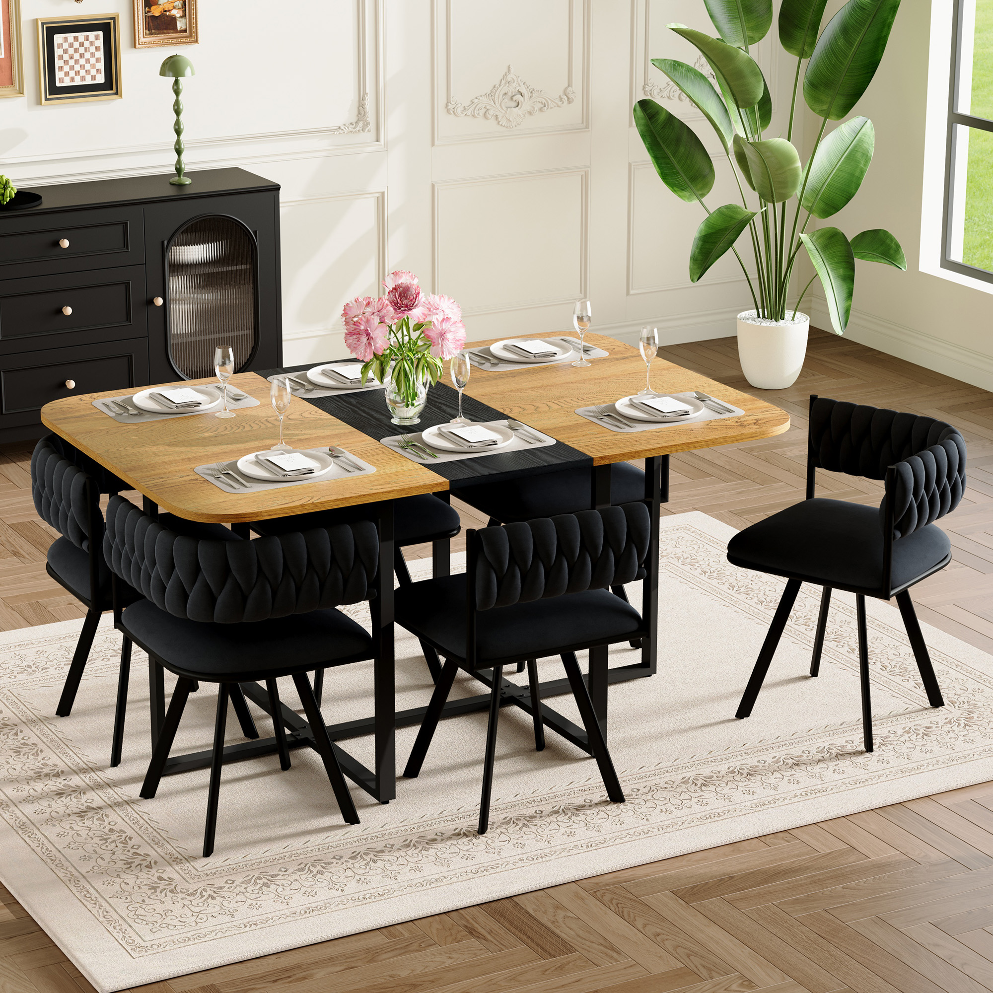 Ensemble salle à manger 7 pcs, table deux tons & 6 chaises velours