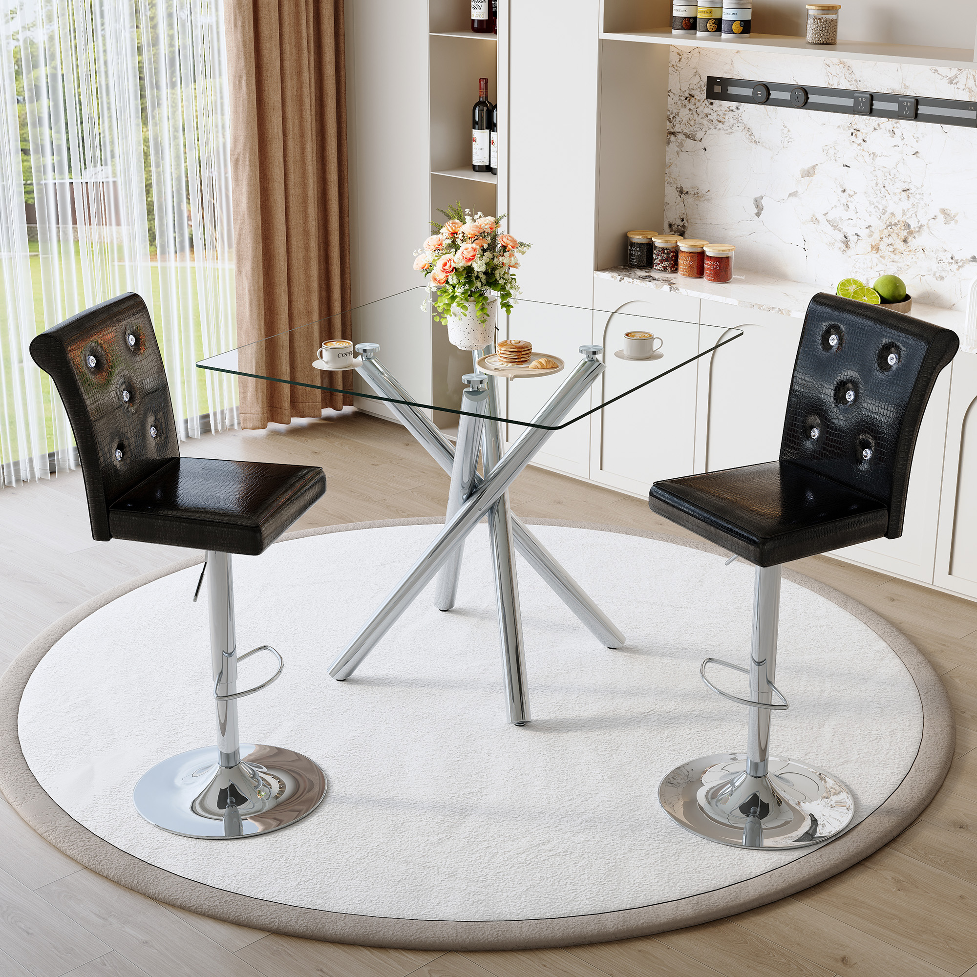 Table bar verre et 2 tabourets ajustables cuir noir chromé