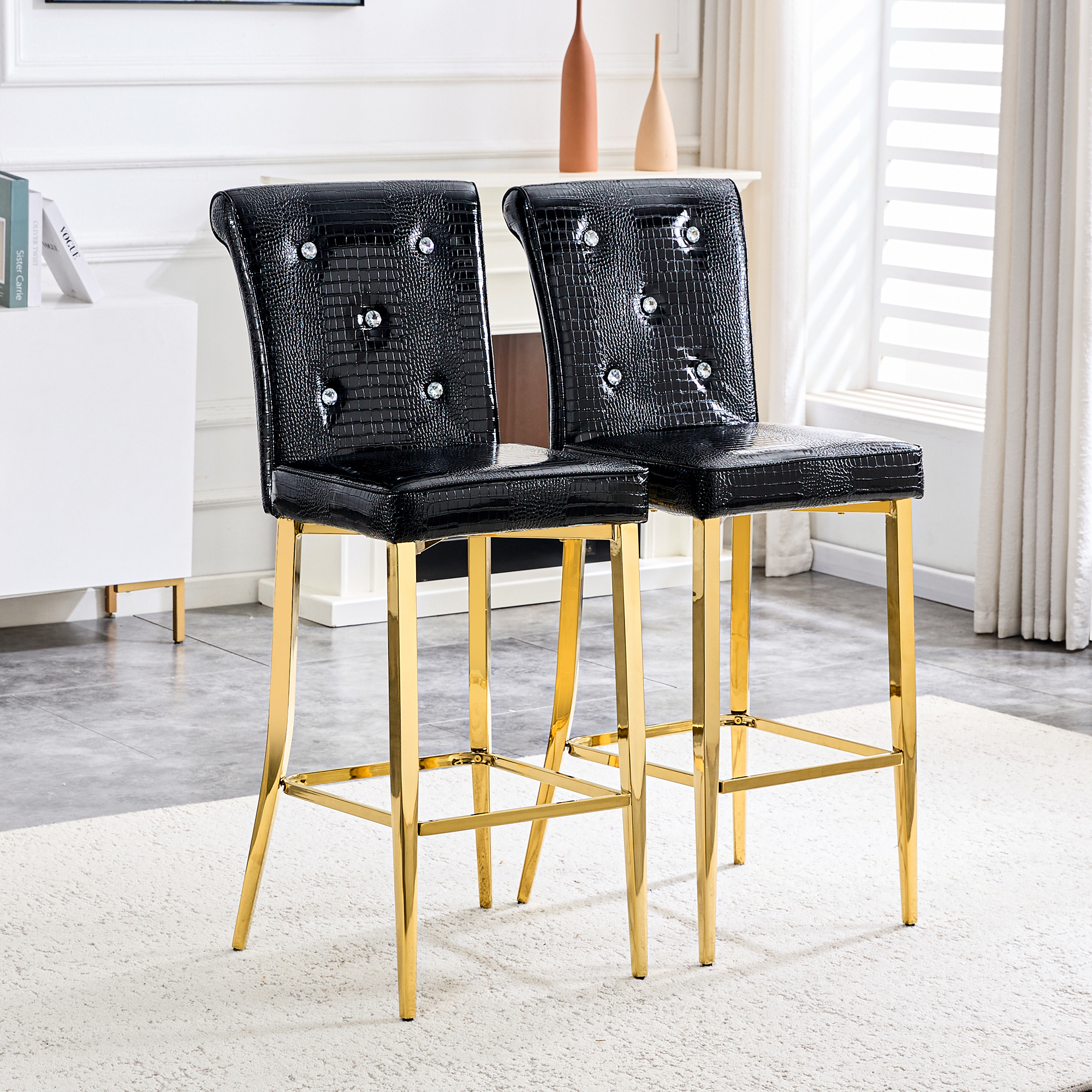 Lot 2 chaises bar noir or alligator cristal