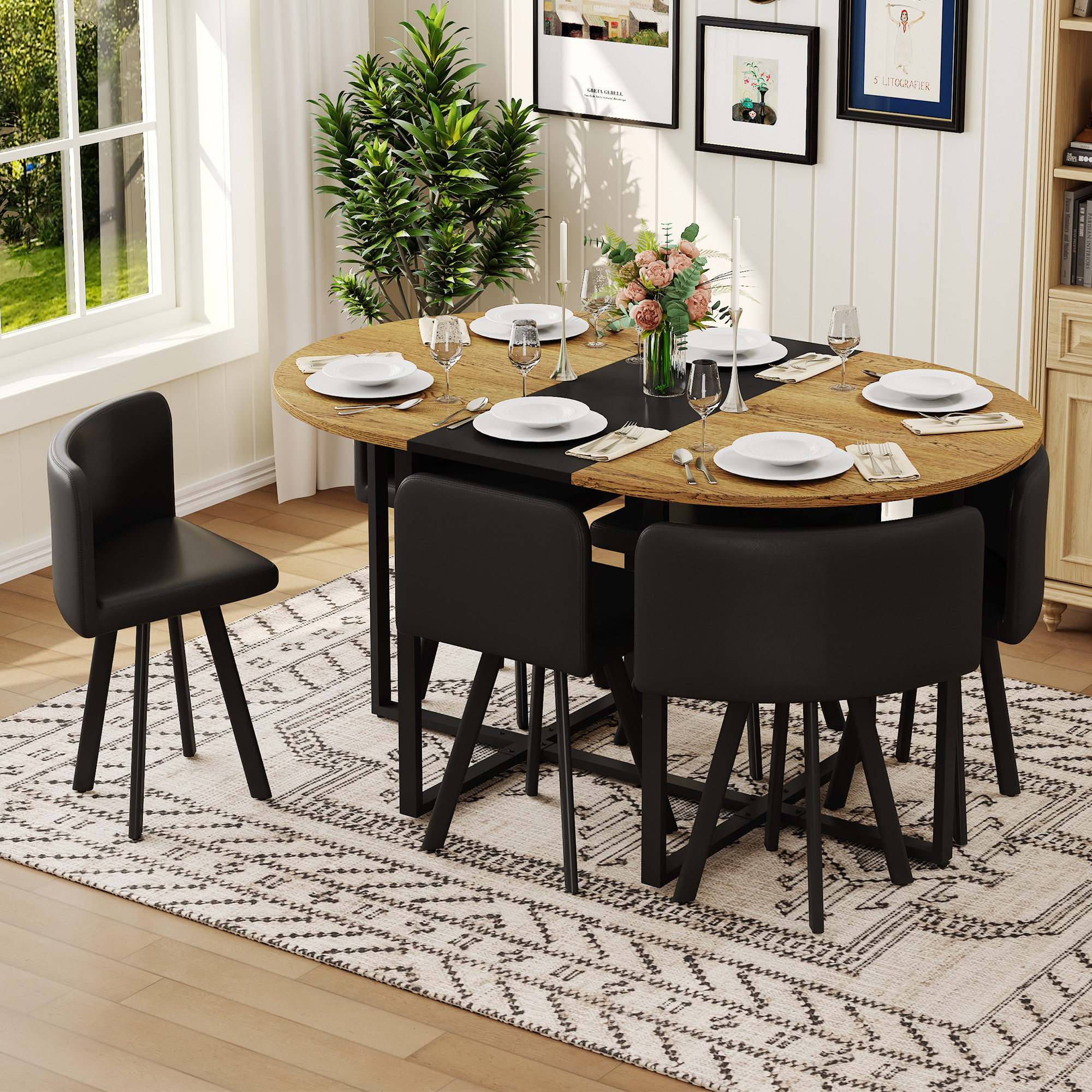 Ensemble salle à manger 7 pièces ovale, 6 chaises cuir noir