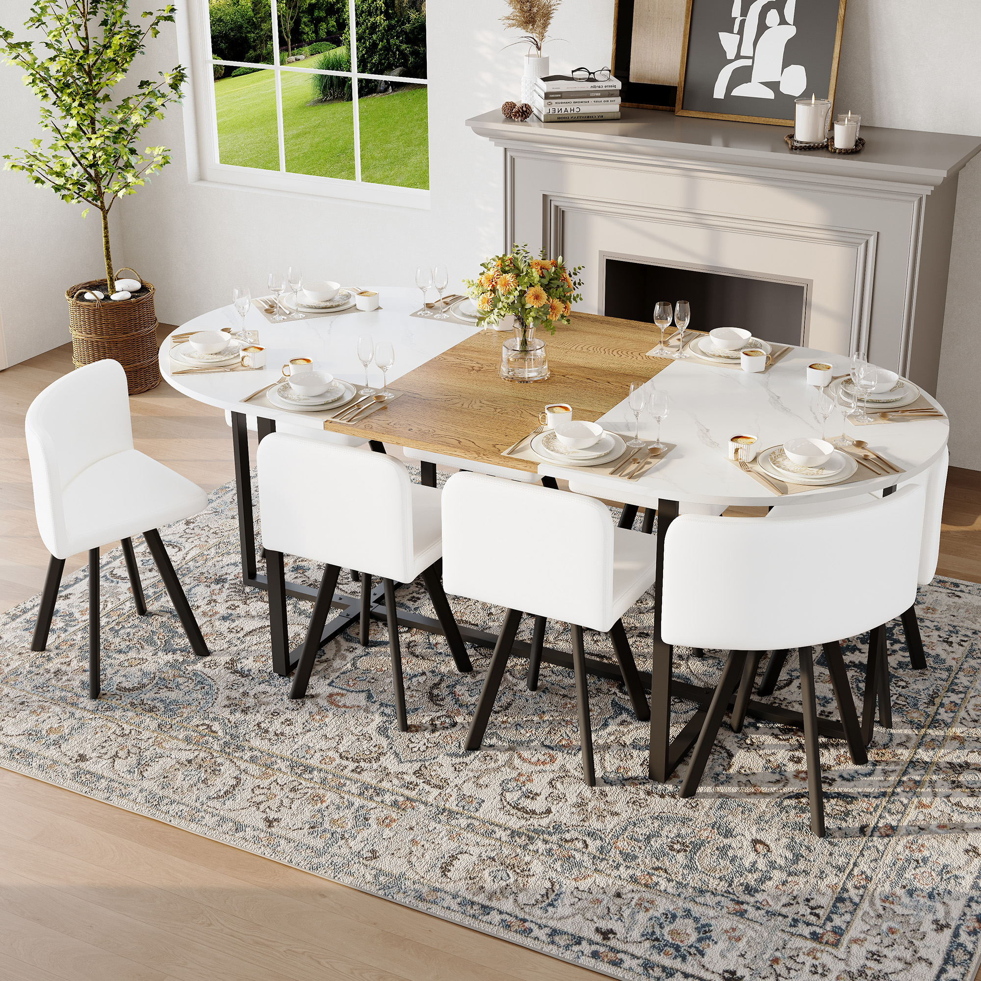 Ensemble table ovale 9 pièces, marbre blanc, 8 chaises PU blanc, 8 personnes