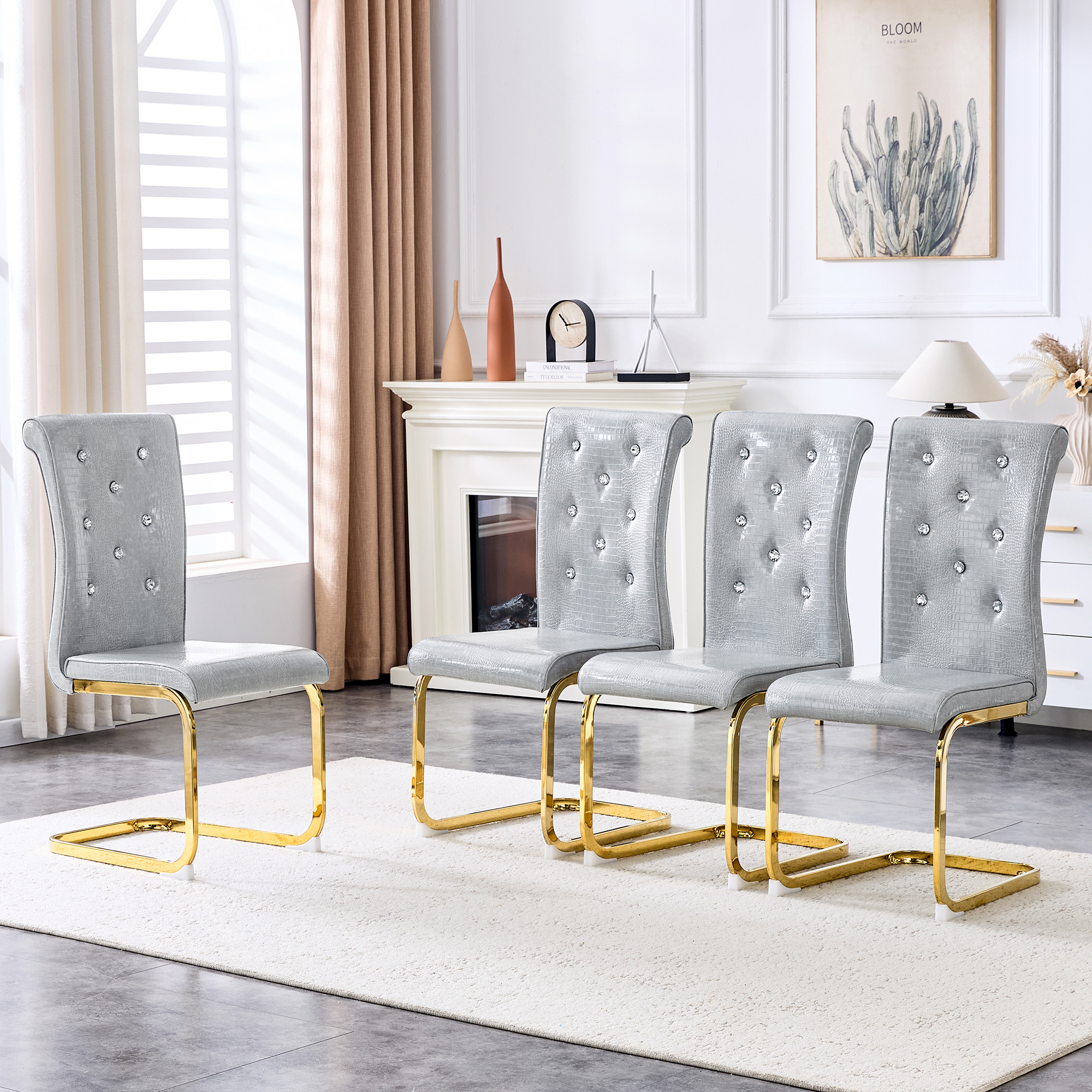 Ensemble 4 chaises à manger rétro cuir alligator pieds dorés