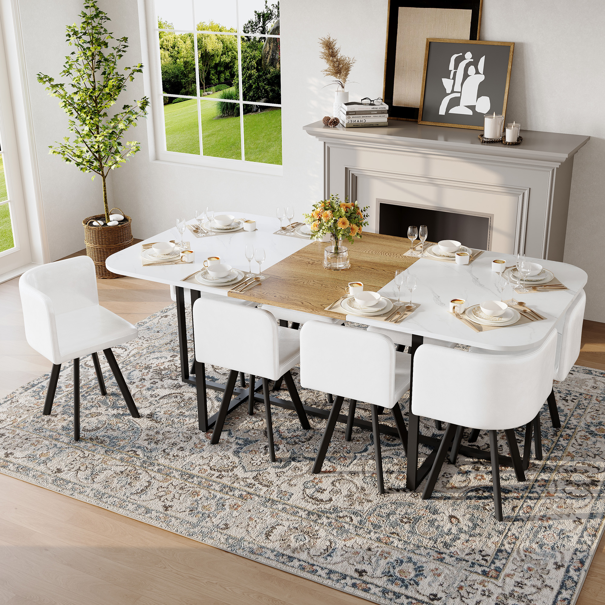 Ensemble salle à manger 9 pcs marbre blanc