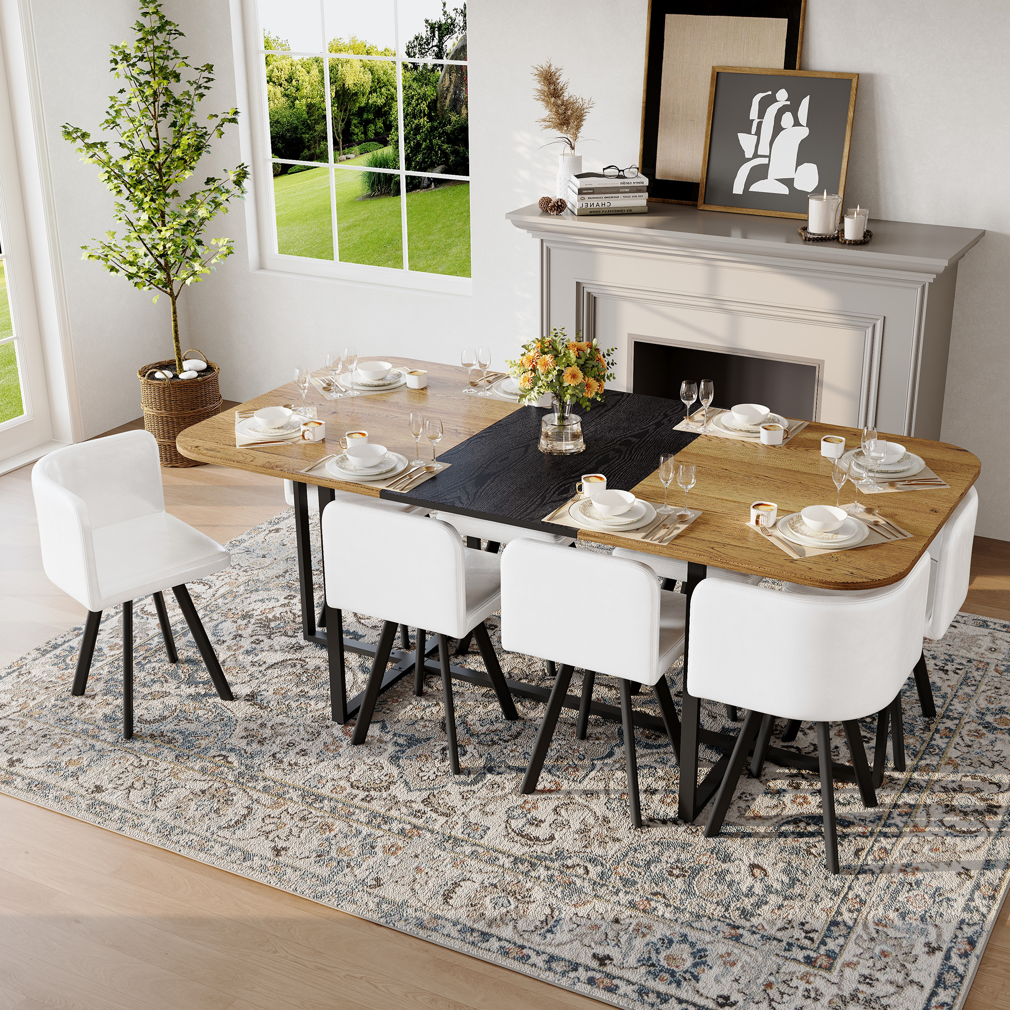Ensemble table carrée 9 pièces 8 chaises cuir faux noir
