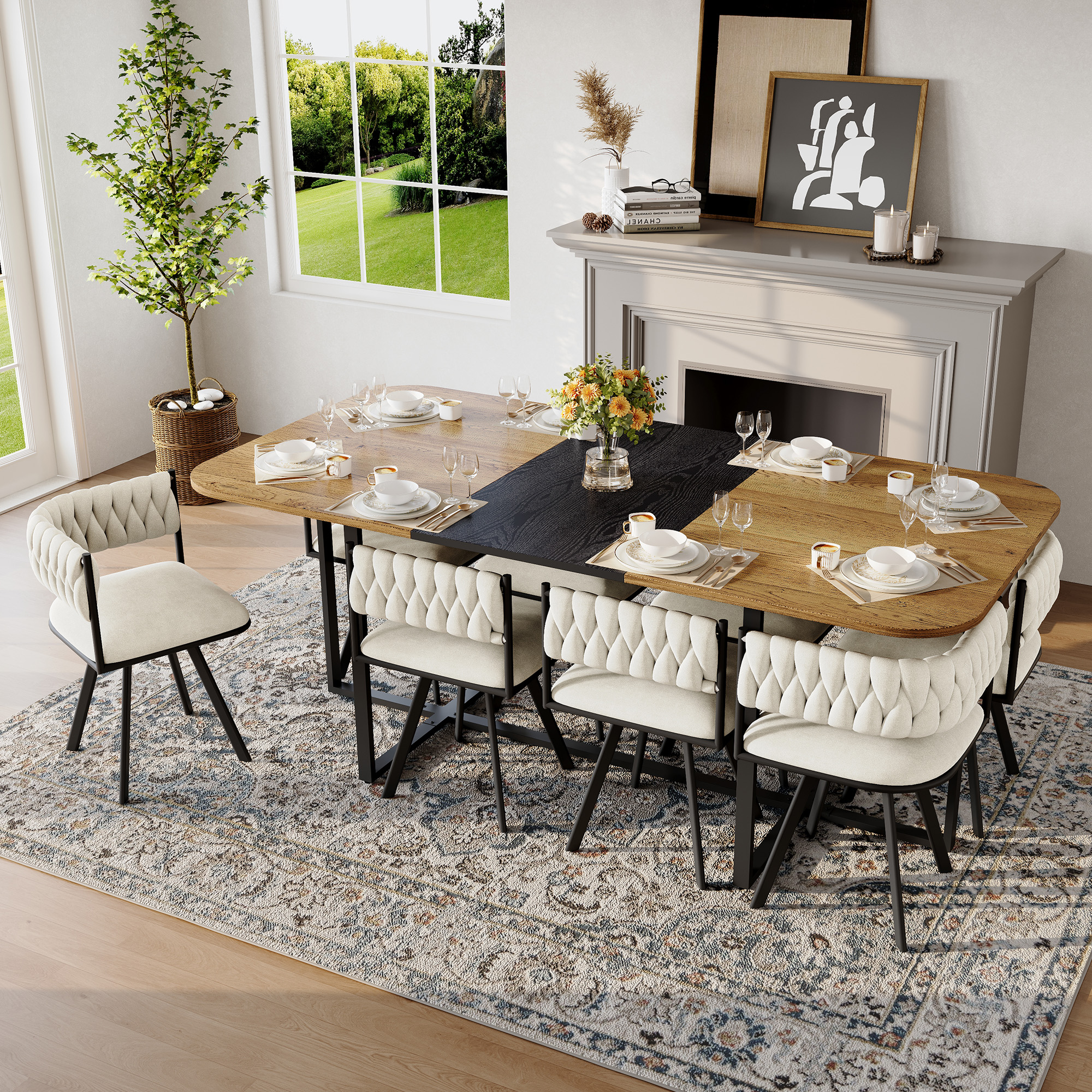 Ensemble table à manger 9 pièces 8 personnes beige