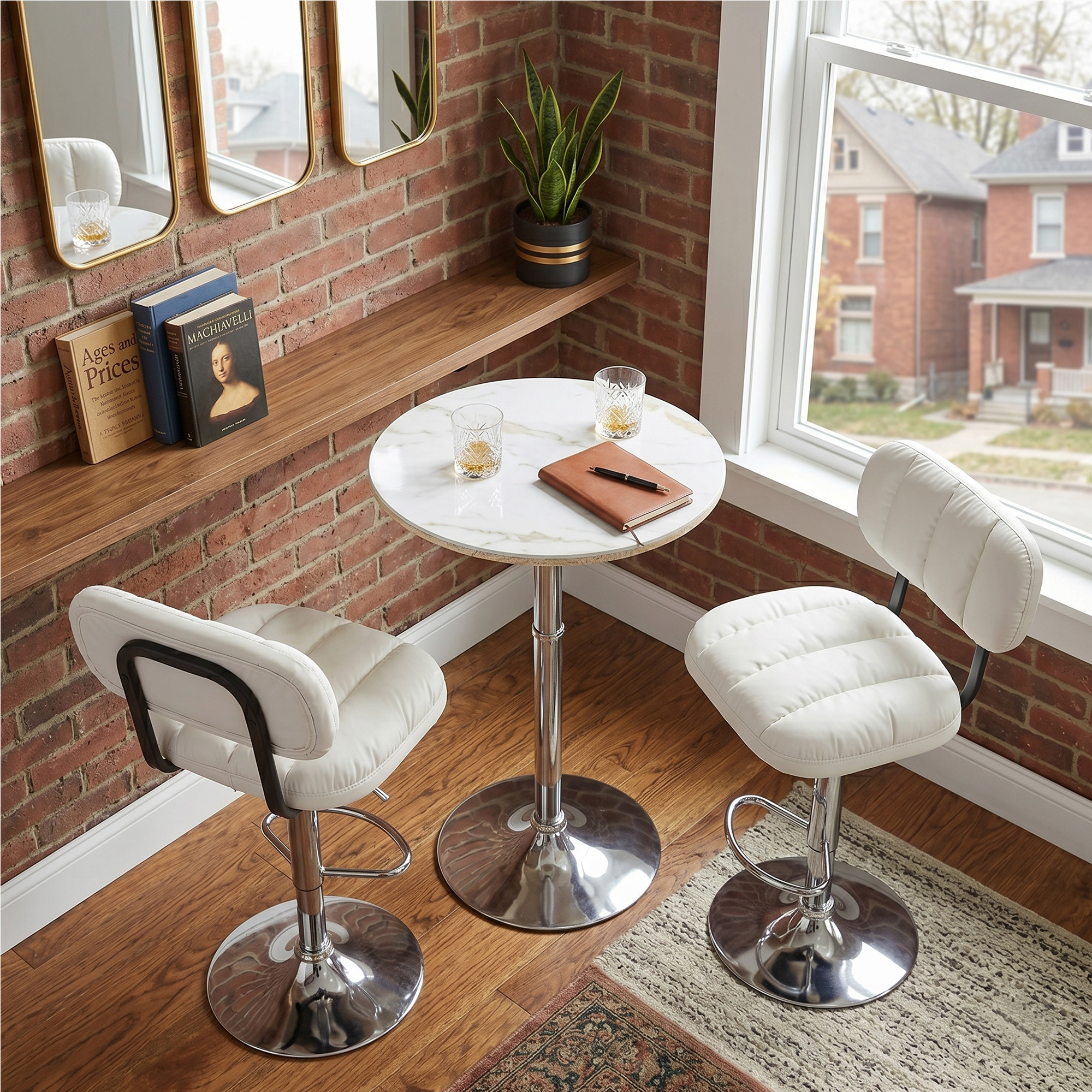 Tabourets bar 2pc hauteur ajustable cuir PU blanc base chrome