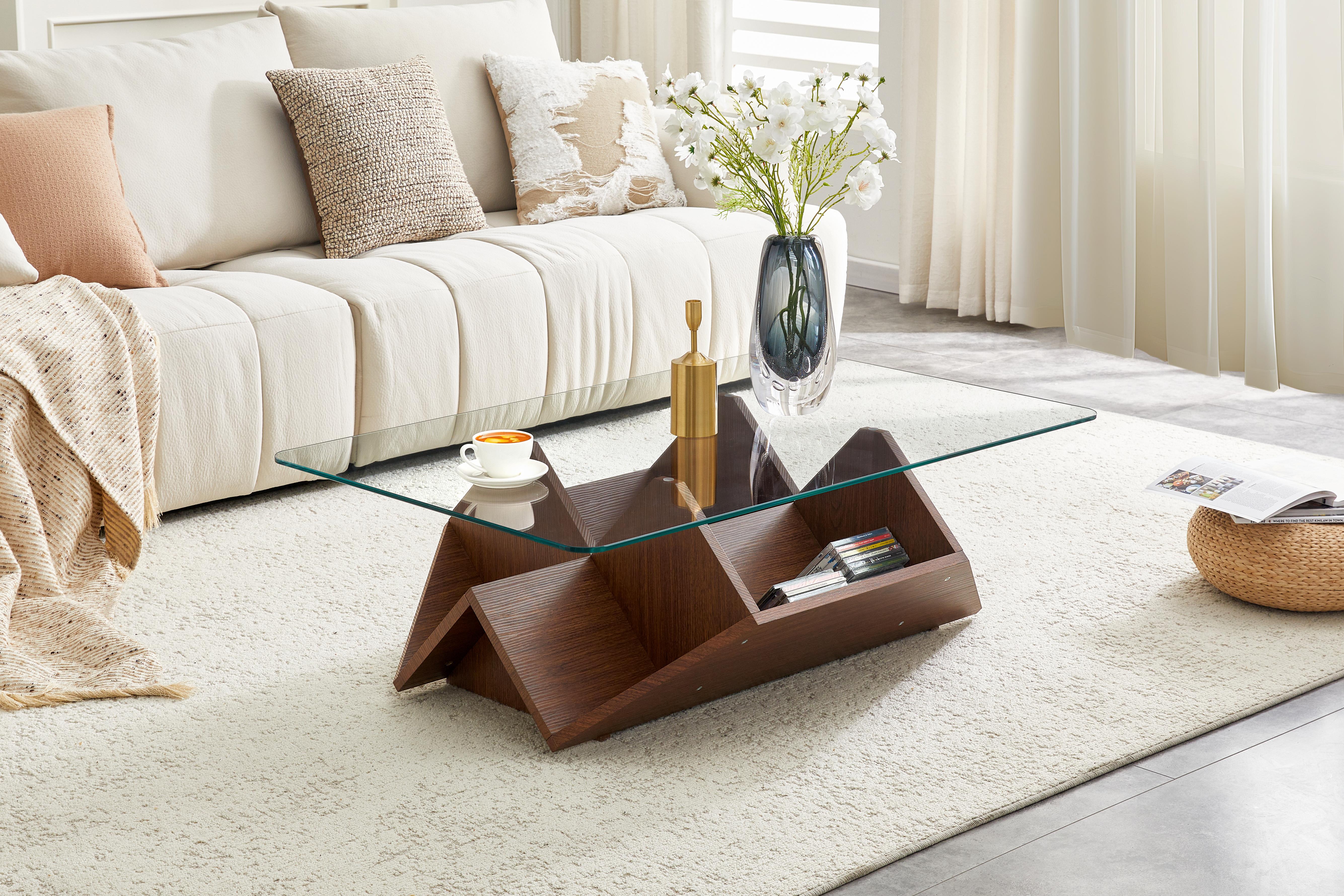 Table café verre trempé MDF noyer compartiments rangement salon bureau