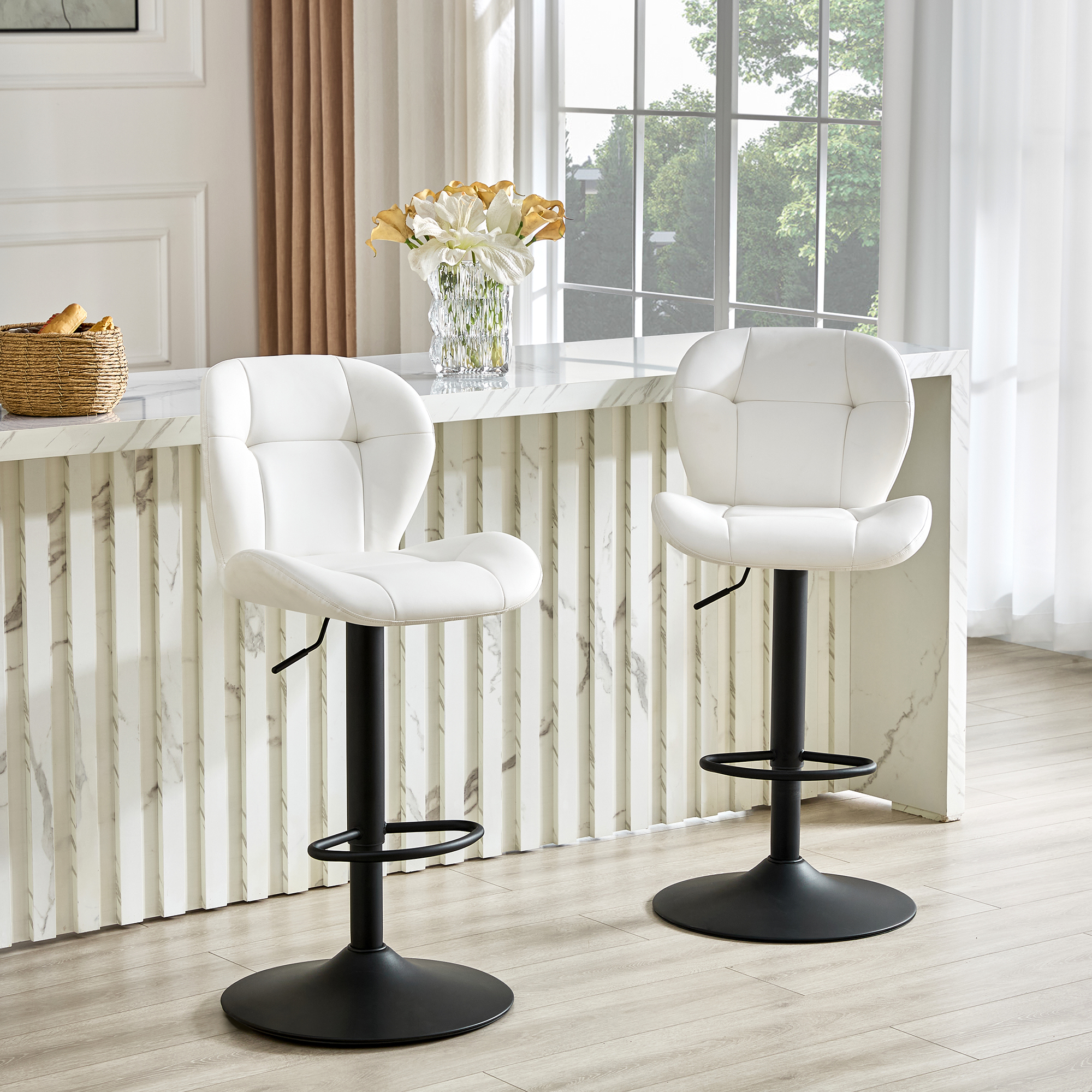 2 tabourets bar ajustables, siège blanc PU, base métal noir