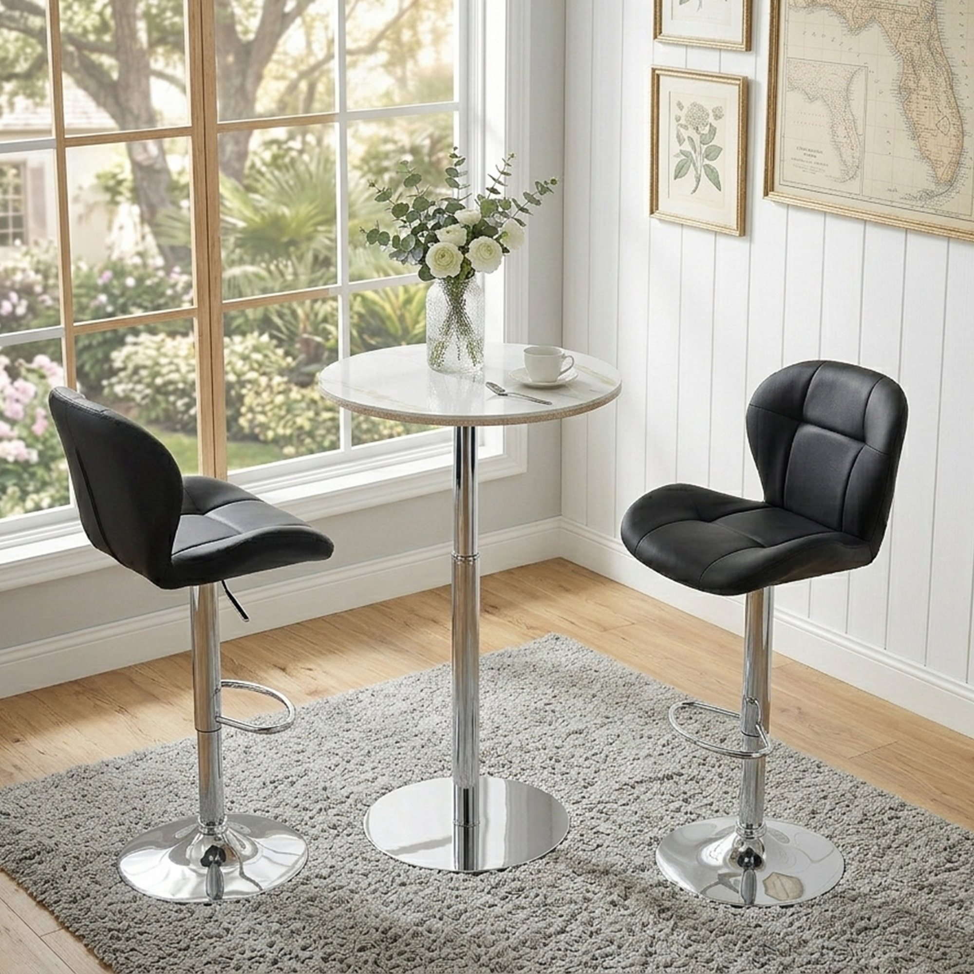 Ensemble 2 tabourets comptoir réglables PU noir dossier chrome base