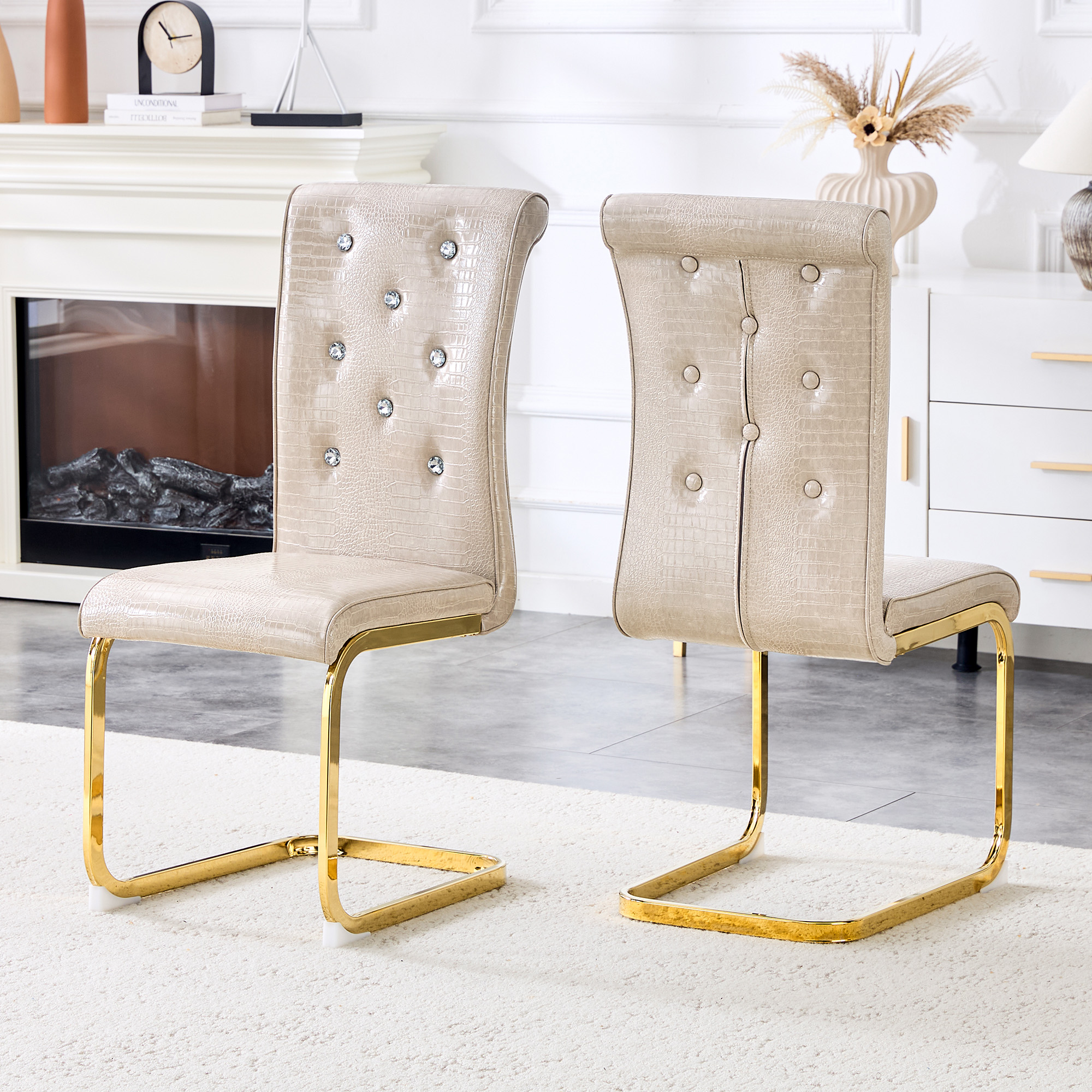 Ensemble 2 chaises salle à manger cuir alligator boucle cristal or