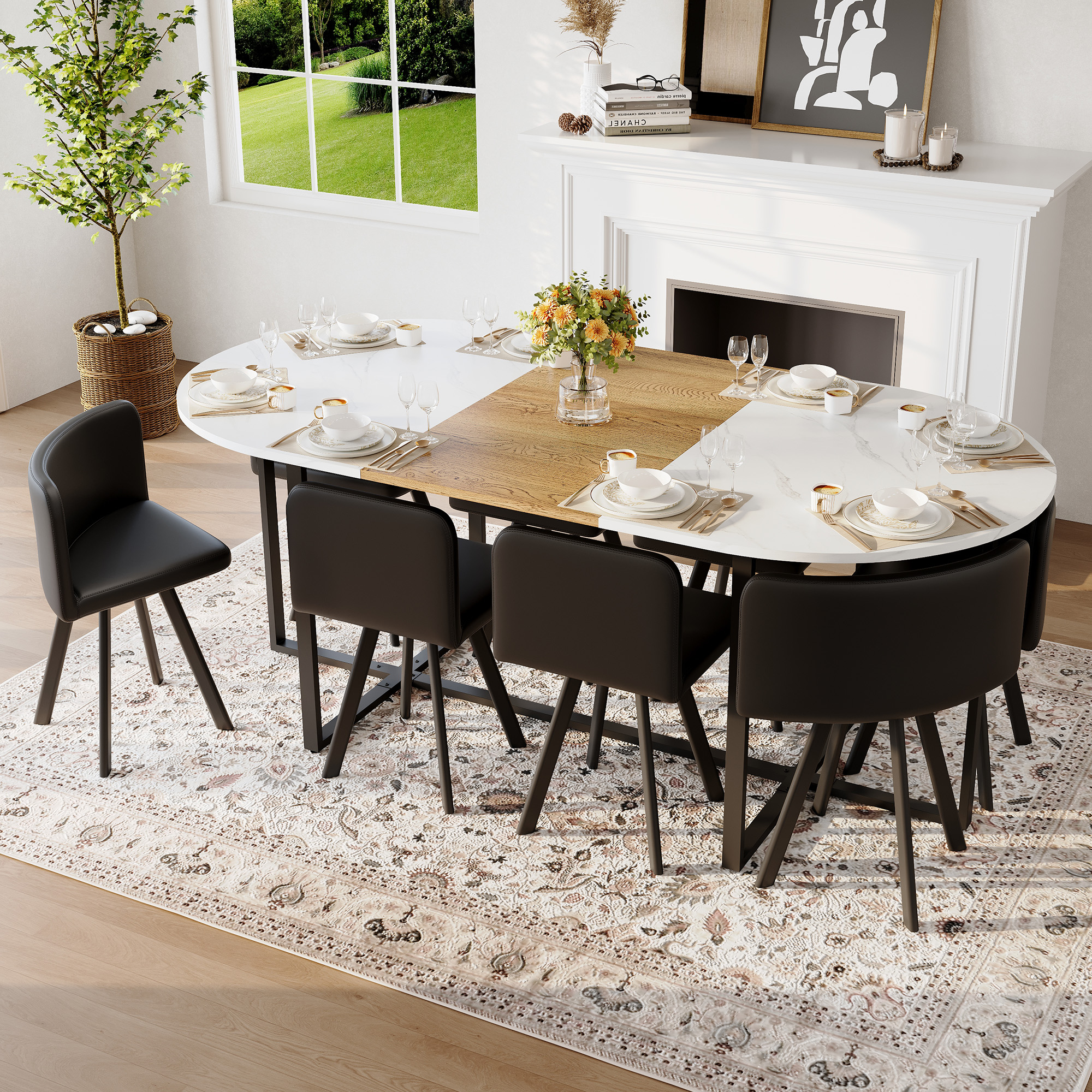 Ensemble table ovale 9 pièces, marbre blanc, 8 chaises PU noir, 8 personnes