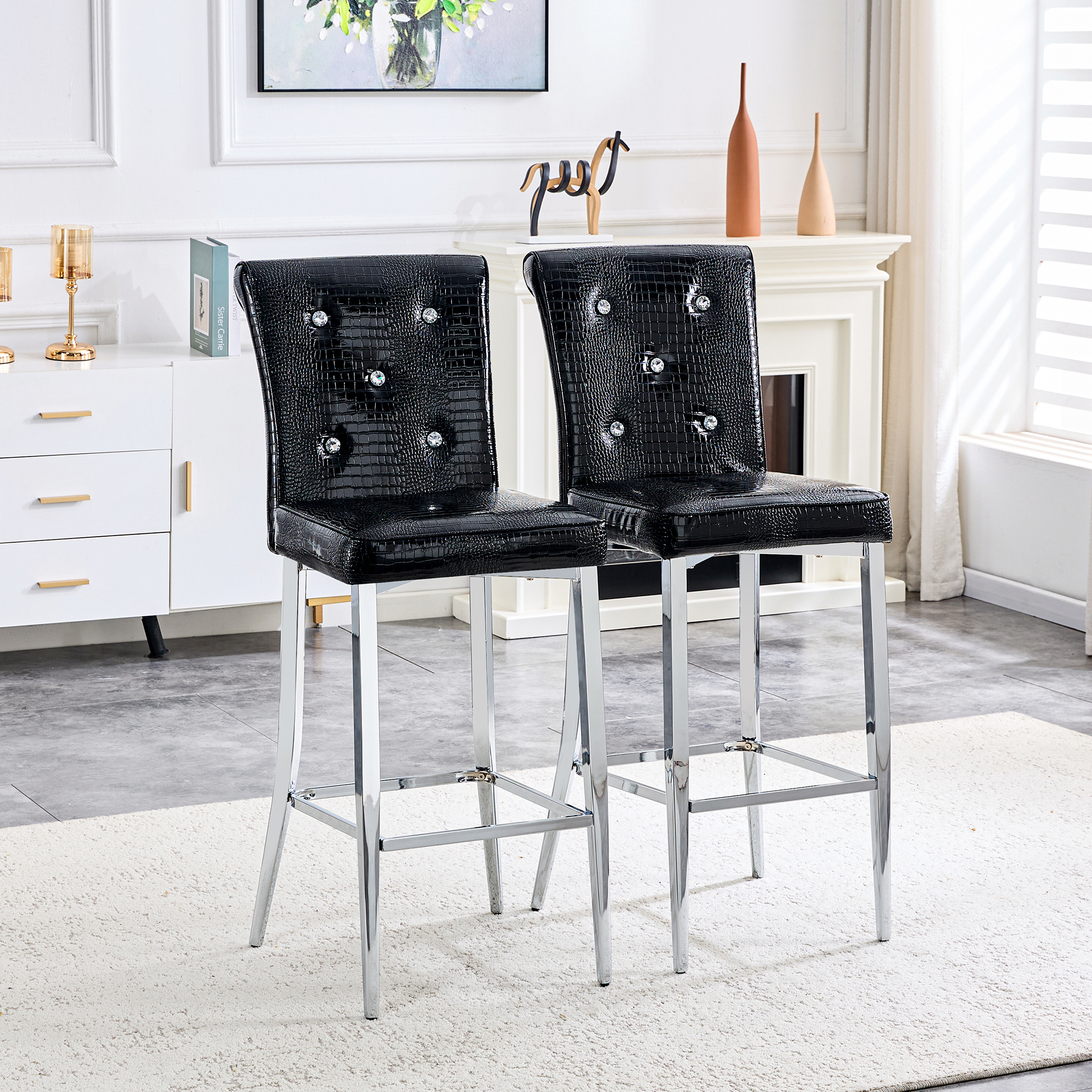 Ensemble 2 chaises bar cuir crocodile noir vintage