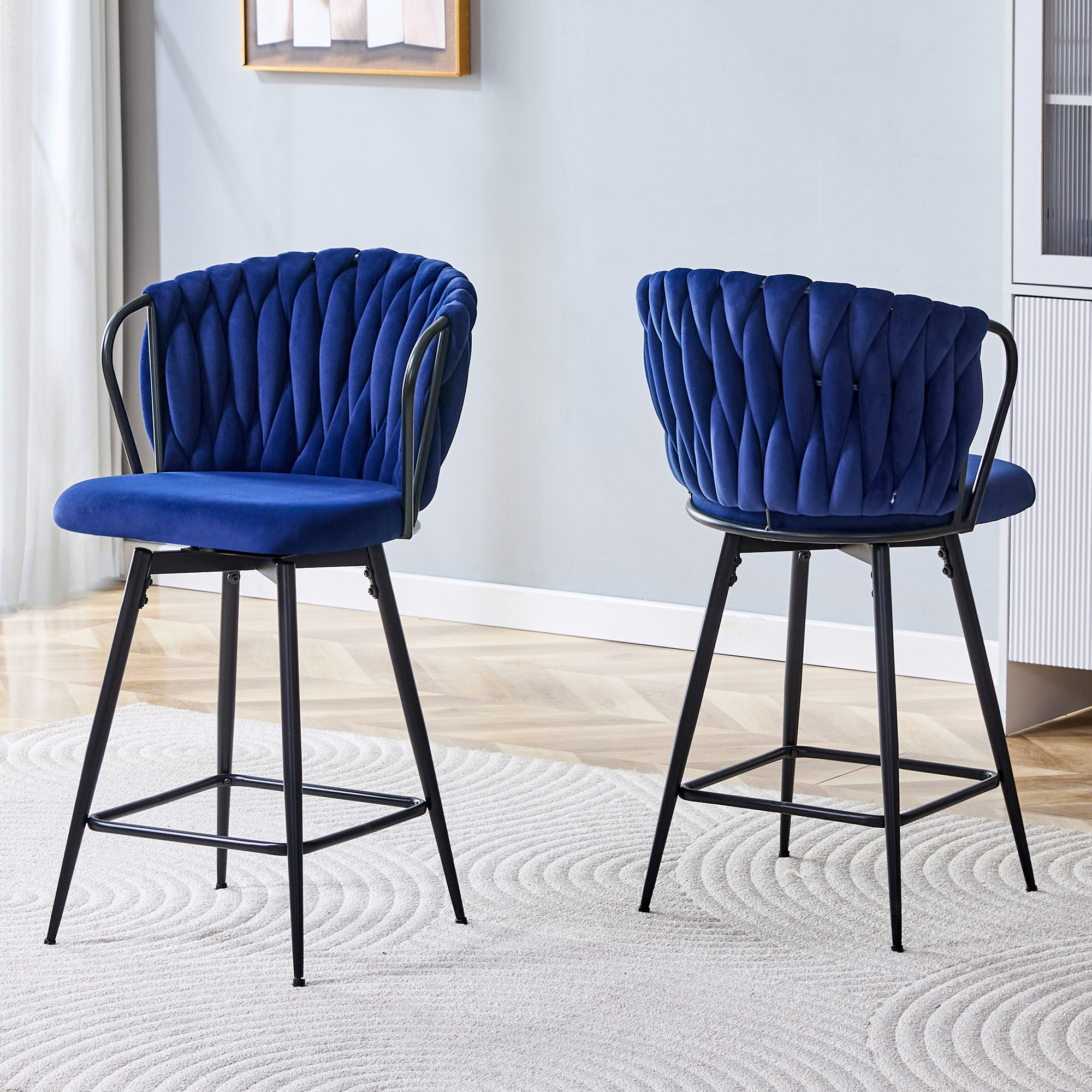 Ensemble 2 tabourets bar velours corde bleu