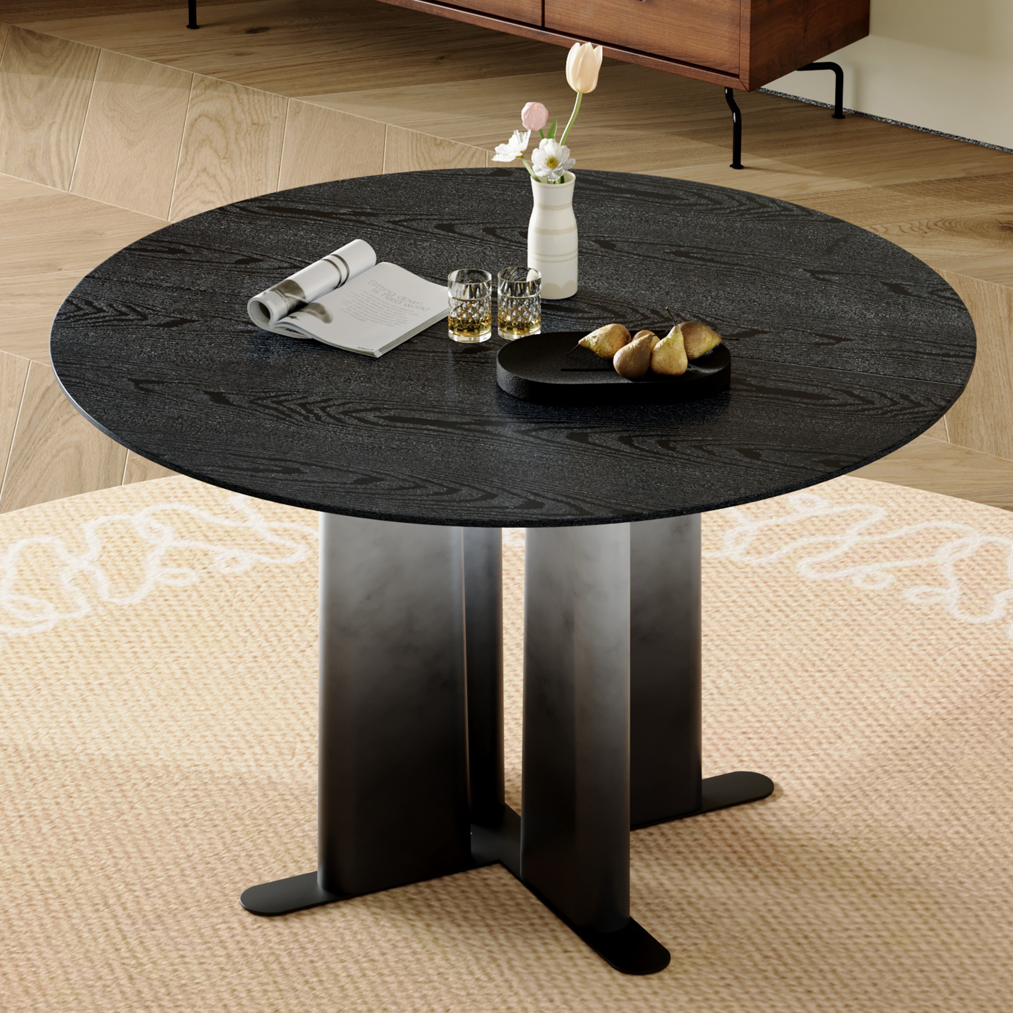 Table à manger ronde grain bois noir, 2-4 personnes, compacte