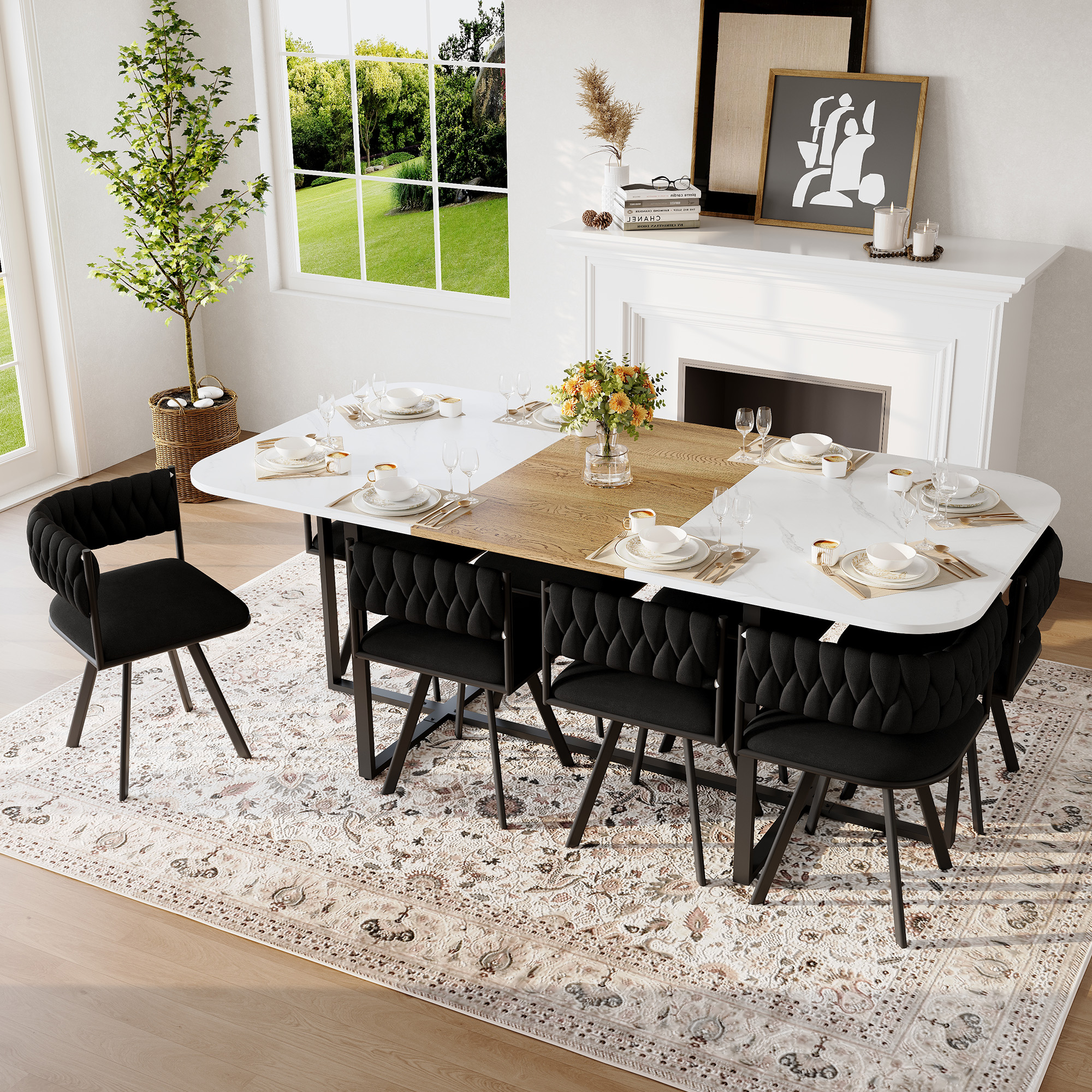 Ensemble Salle à Manger 9 Pièces Marbre Faux Blanc 8 Chaises Velours