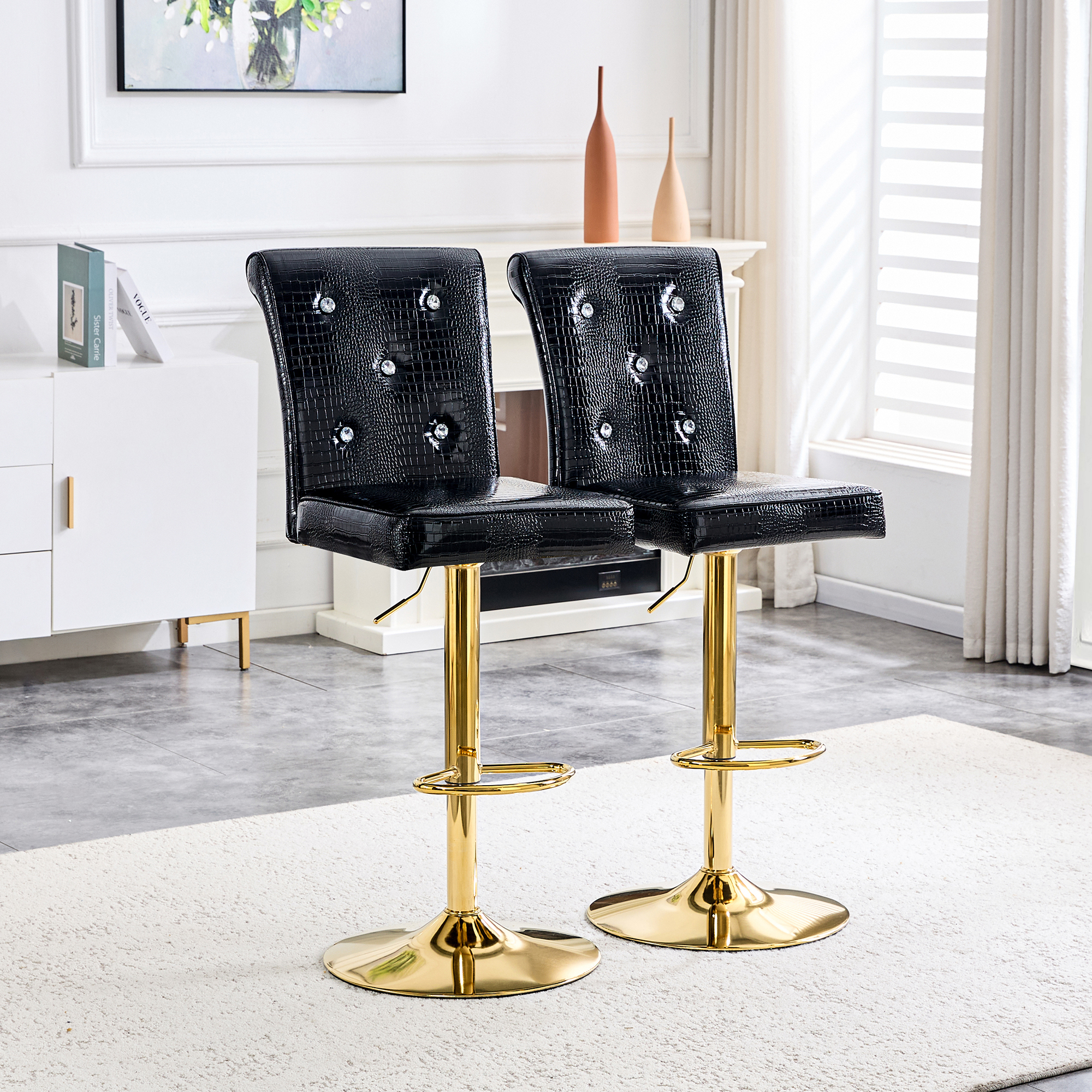 Ensemble 2 chaises bar crocodile noir vintage, design cuir synthétique