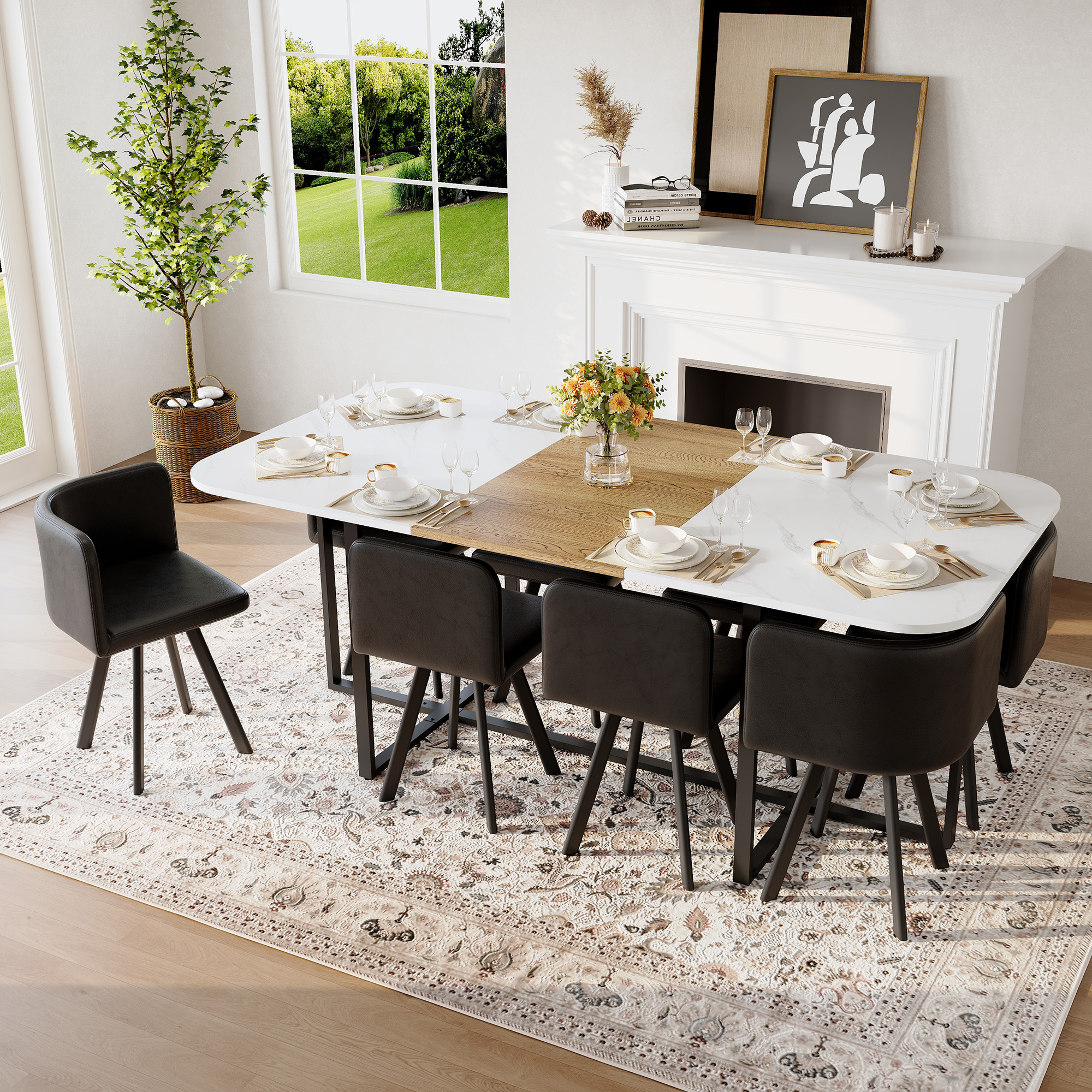 Ensemble table carrée 9 pièces marbre blanc 8 chaises
