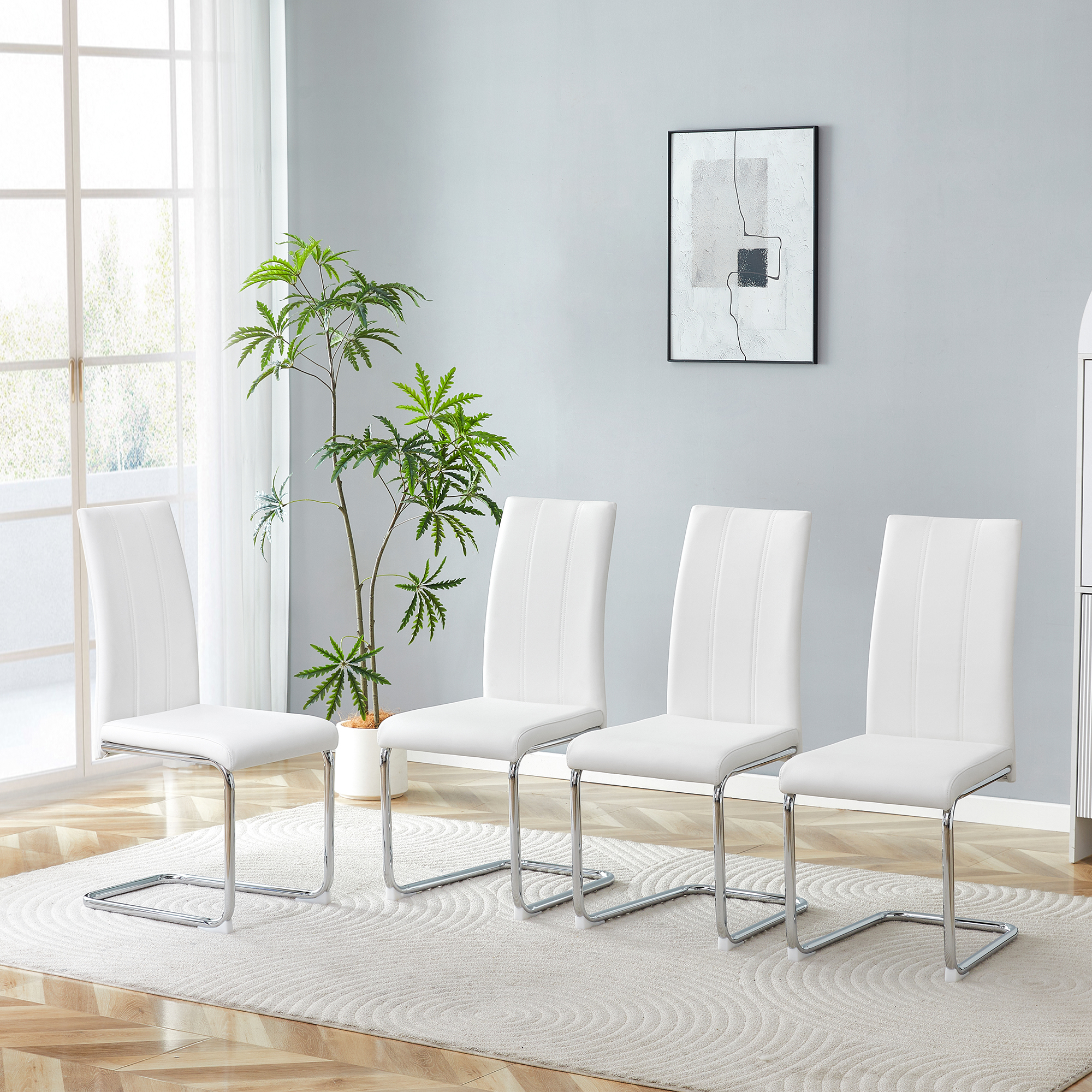 Chaises salle à manger 4pc mousse PU blanc dossier haut chrome