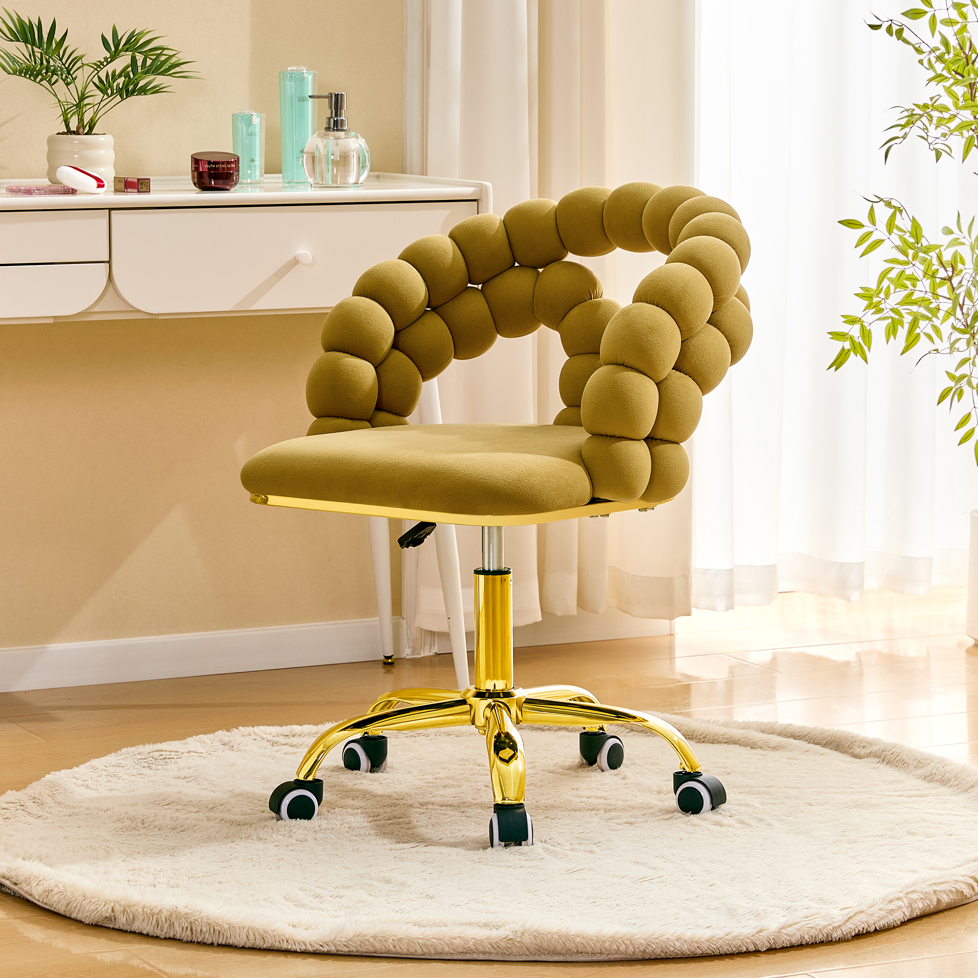 Chaise bureau velours ajustable pivotante jaune moutarde base or