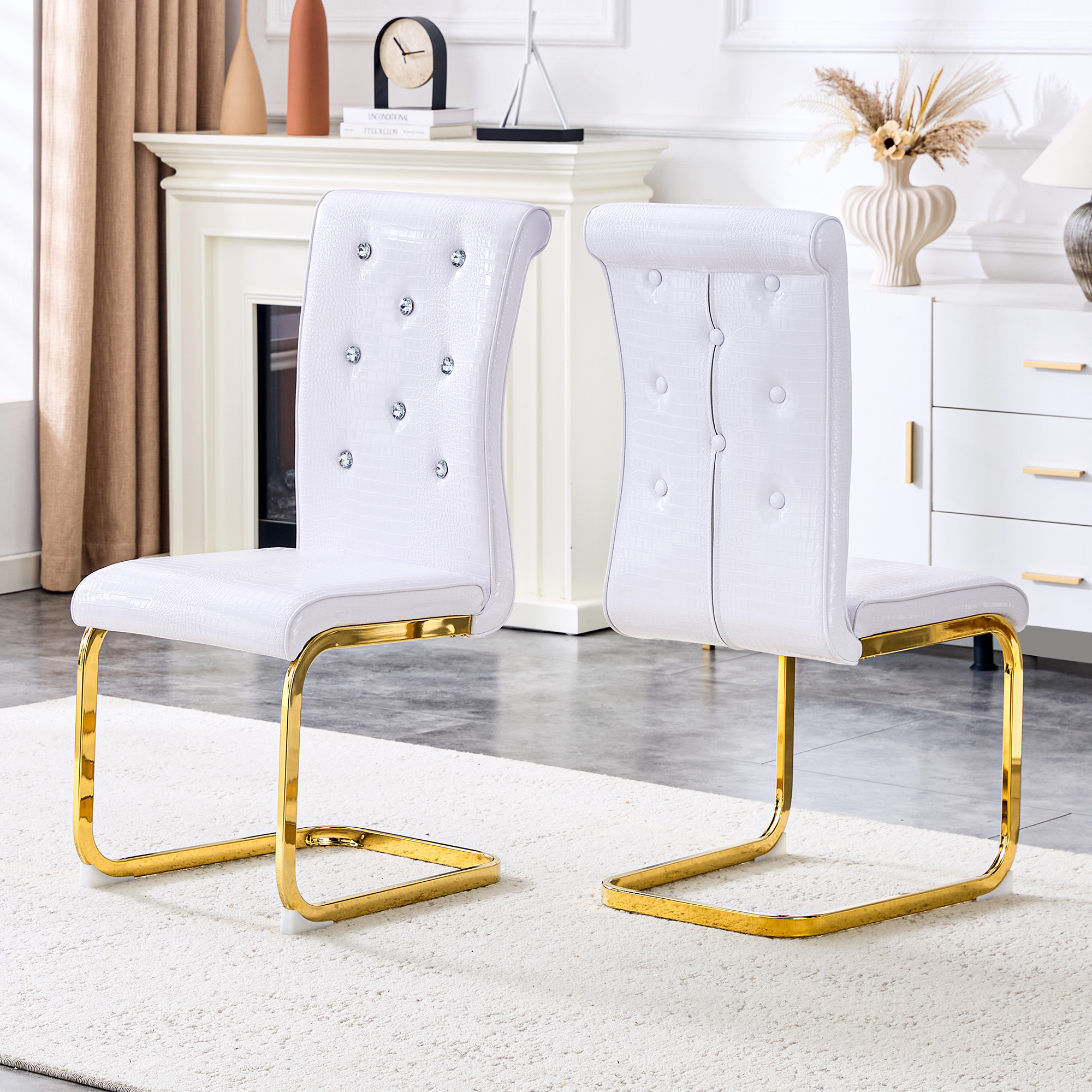 Ensemble 2 chaises cuir alligator rétro, détails cristal, pieds dorés