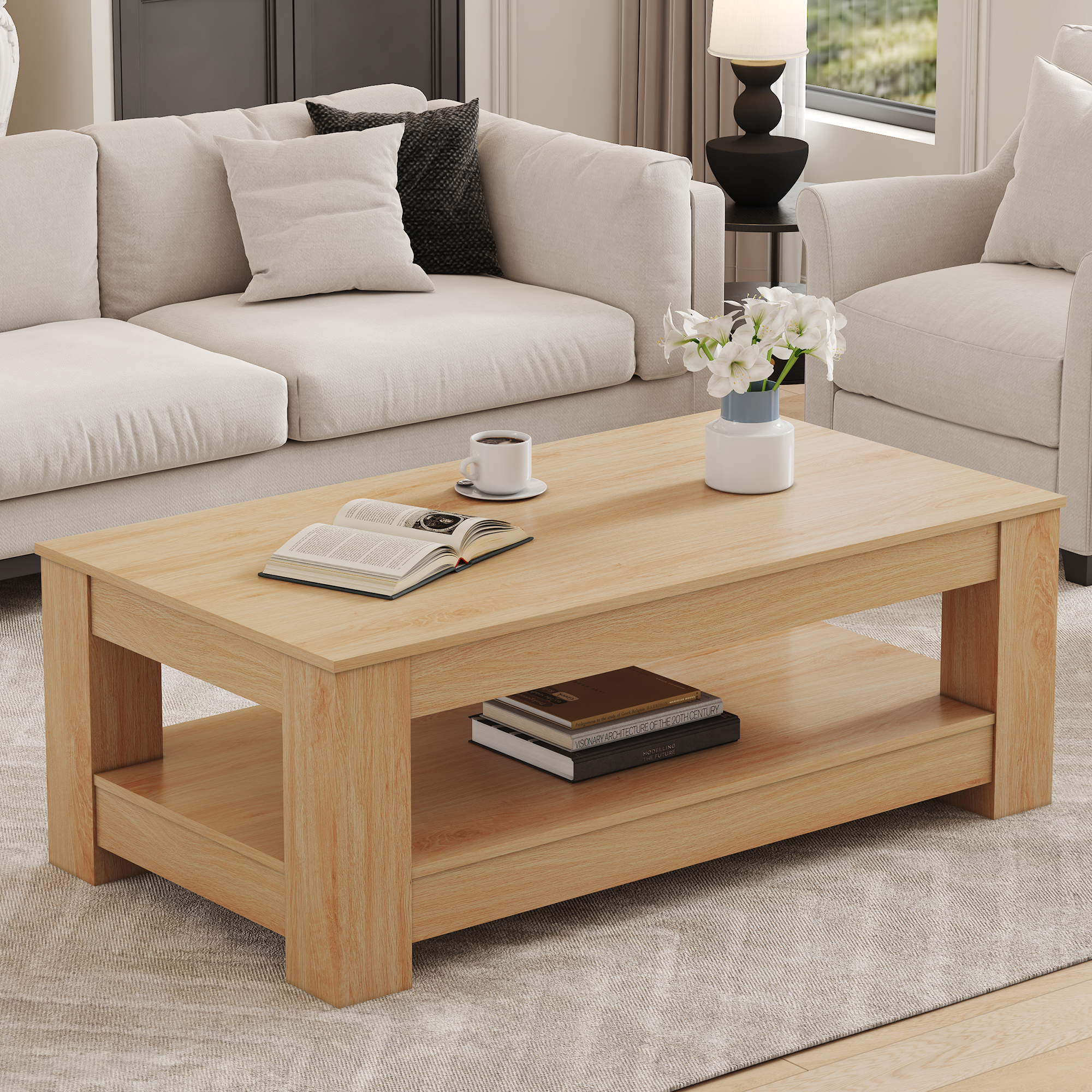 Table à café bois naturel double étage MDF, salon/chambre