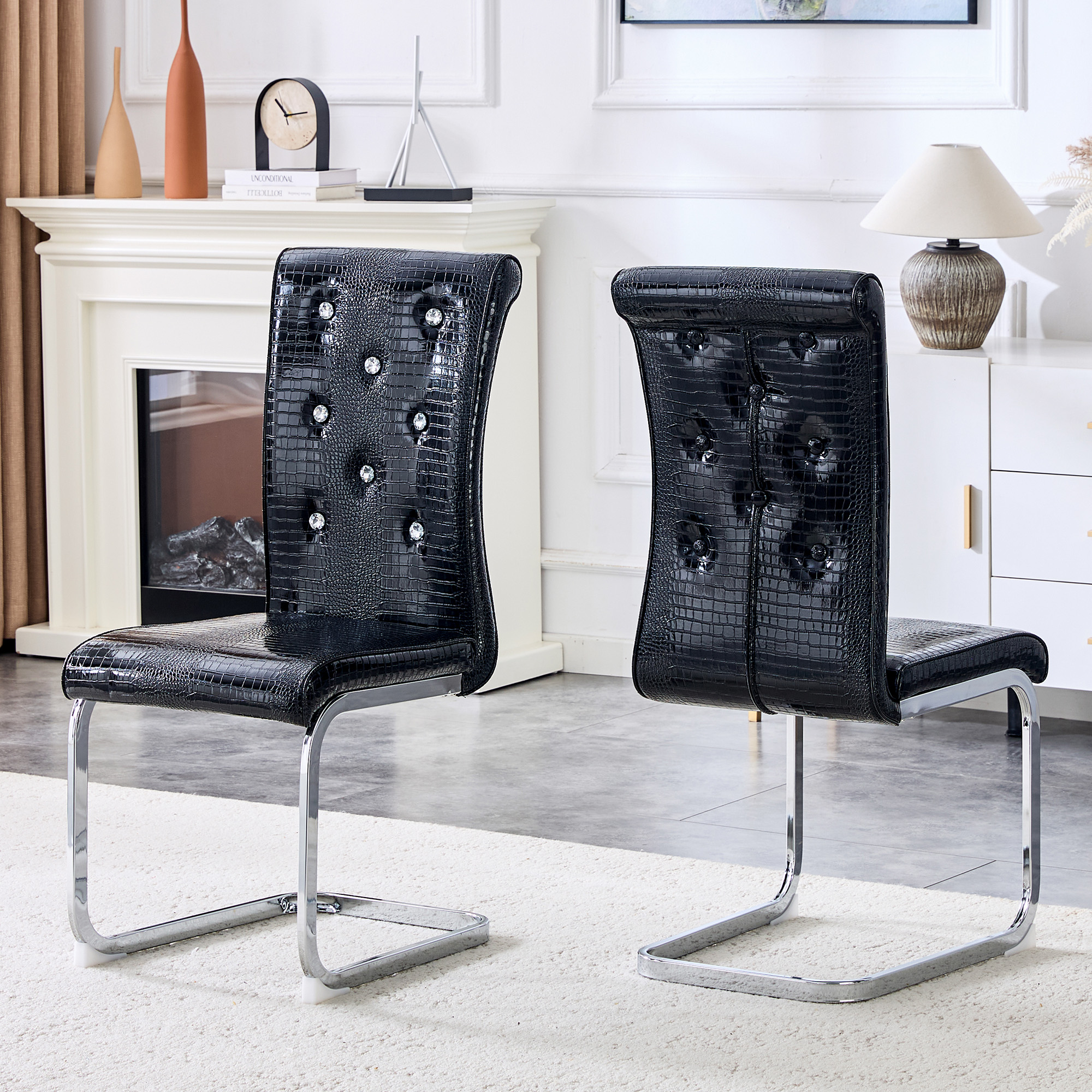 Ensemble 2 chaises cuir alligator rétro, boucles cristal, pieds métal