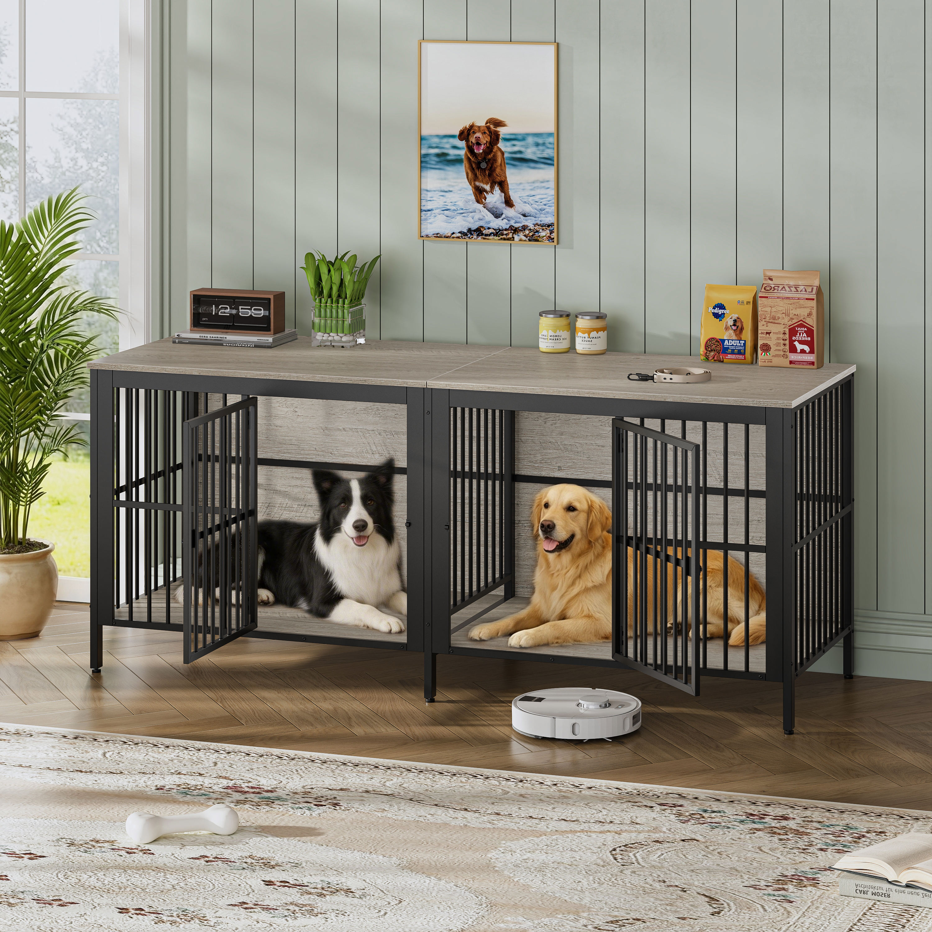 Cage chien 80po 2 portes gris table côté