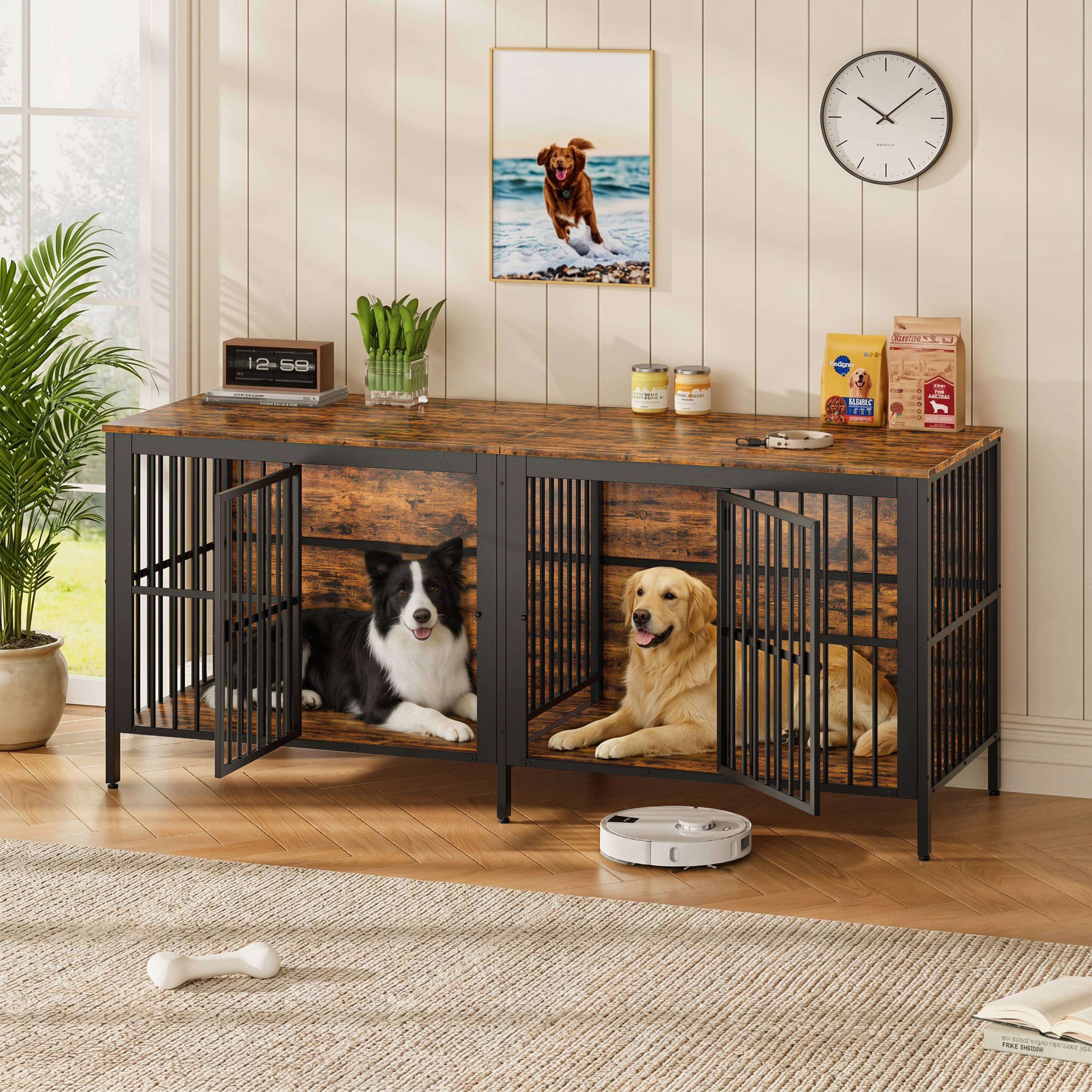 Cage chien 80po 2 portes brun rustique table