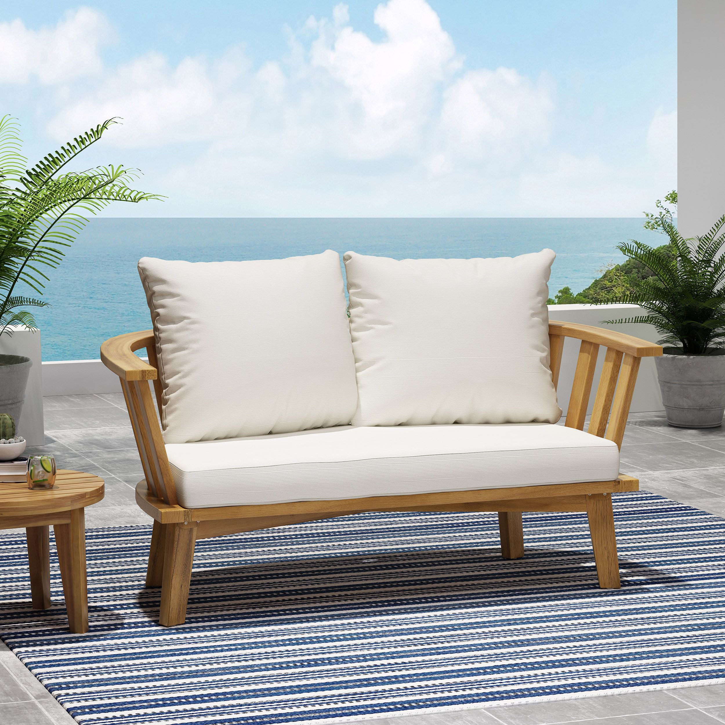 Causeuse bois teck blanc coussin 55.5"L