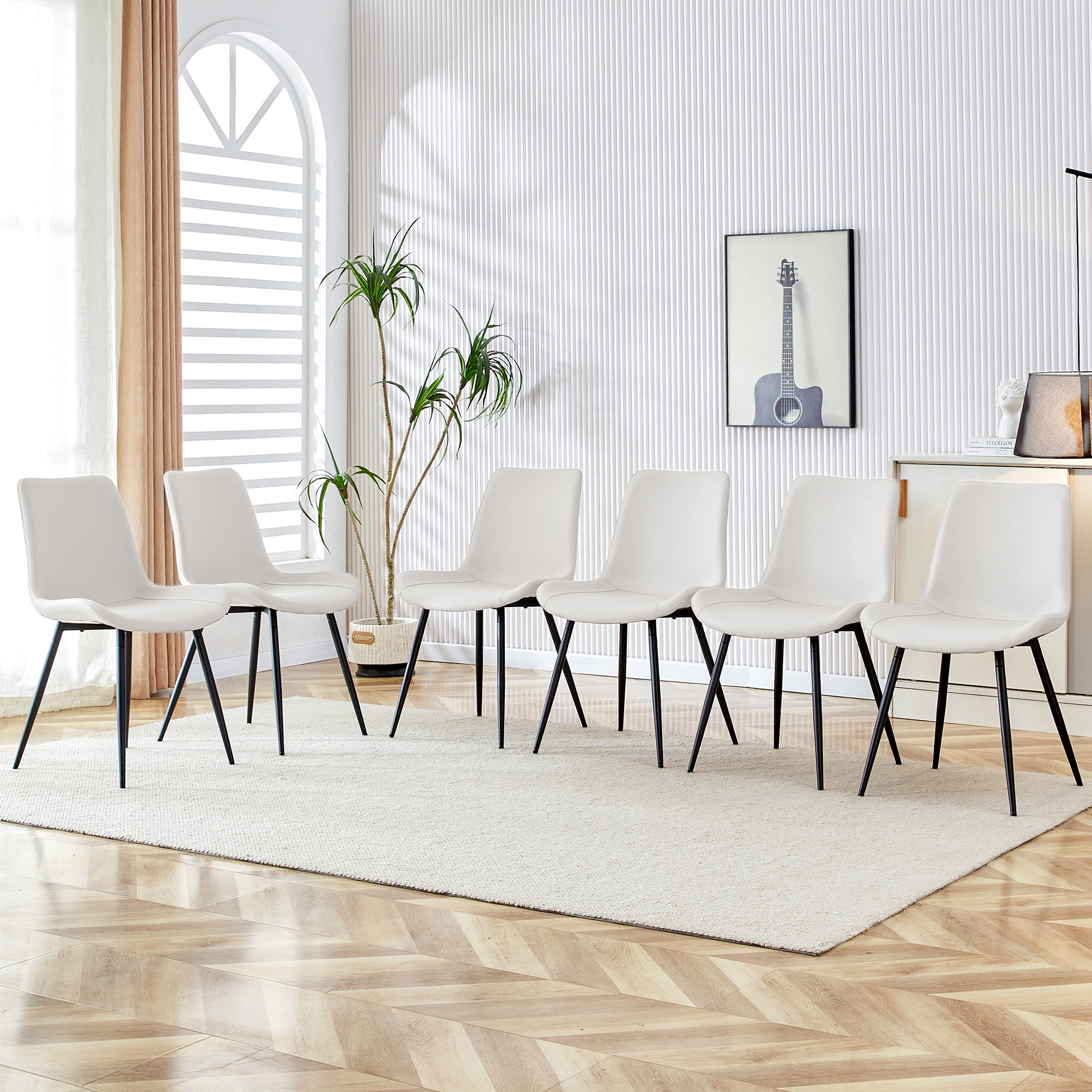6 chaises salle à manger, cuir blanc, pieds métal noir, 0502