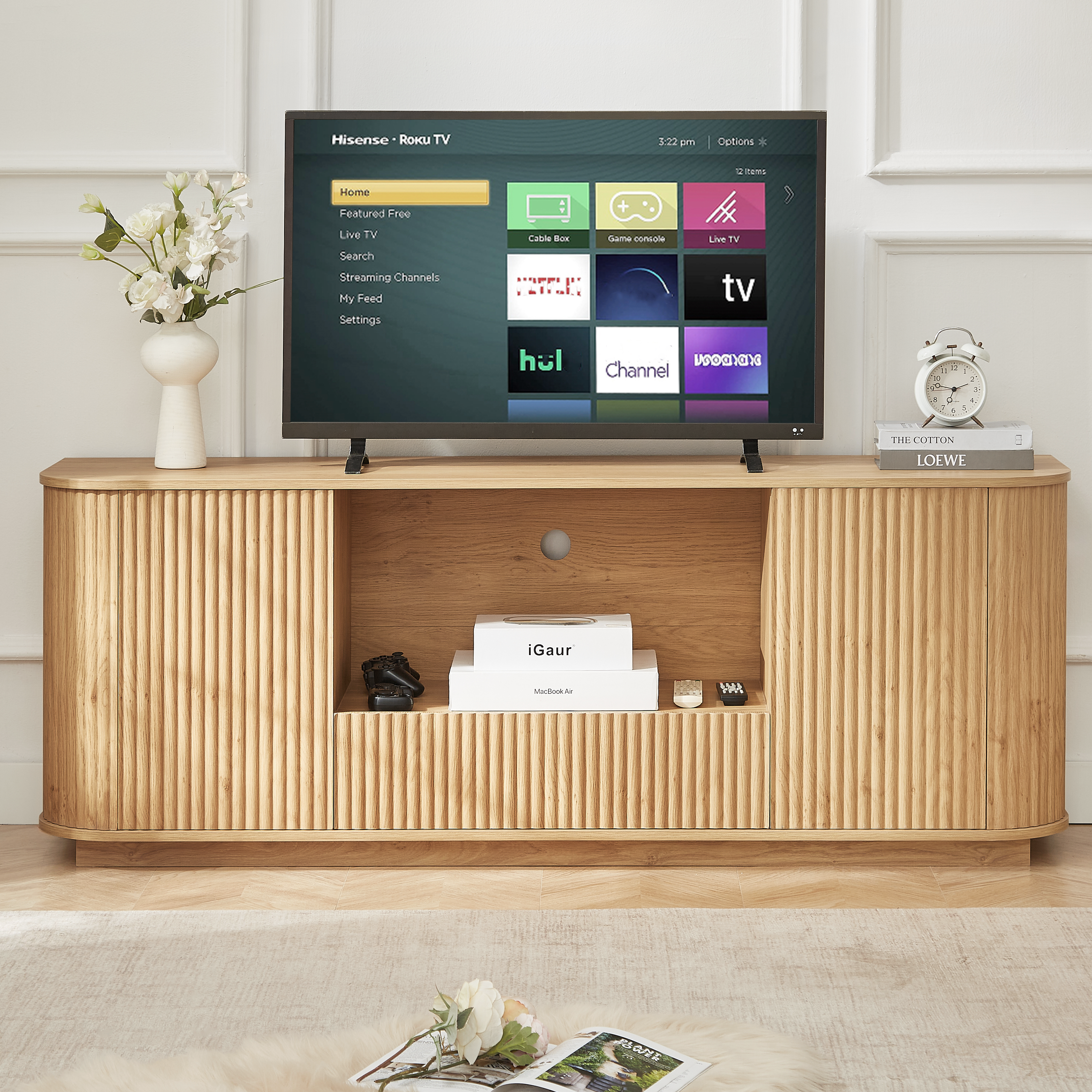 Meuble TV 64 po, rayures, rangement, naturel, 64x15x24 po