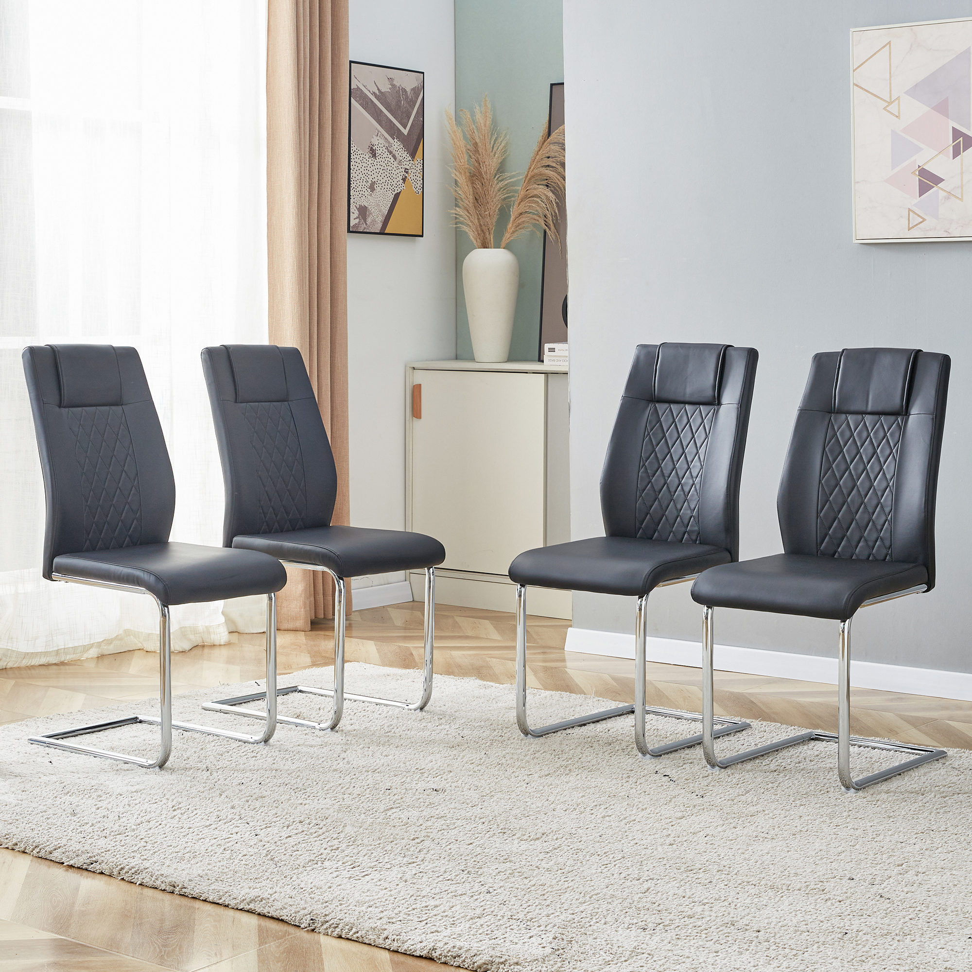 4 chaises salle à manger PU noir pieds métal moderne C-001