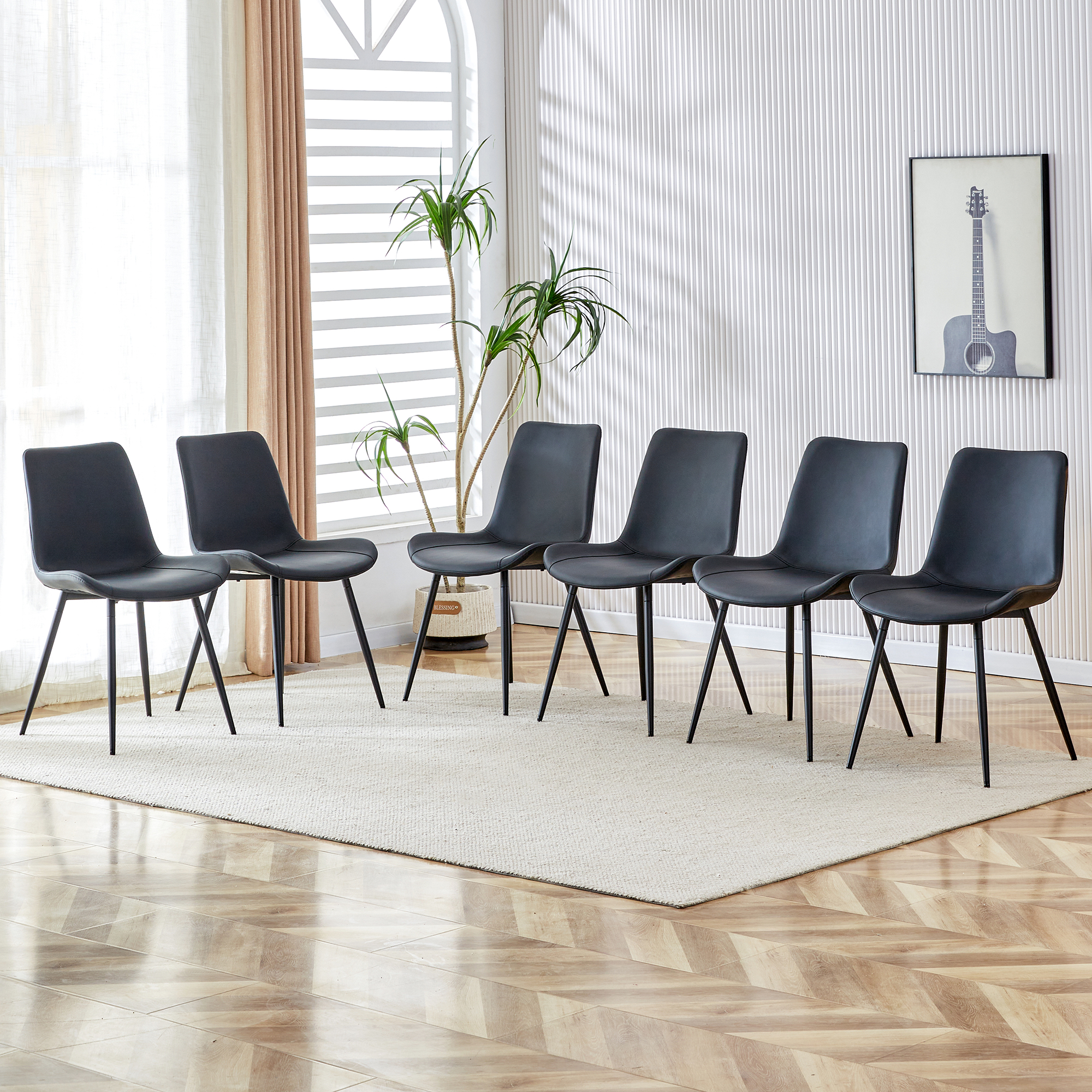 Chaise cuir noir pieds métal, lot de 6, modèle 0502