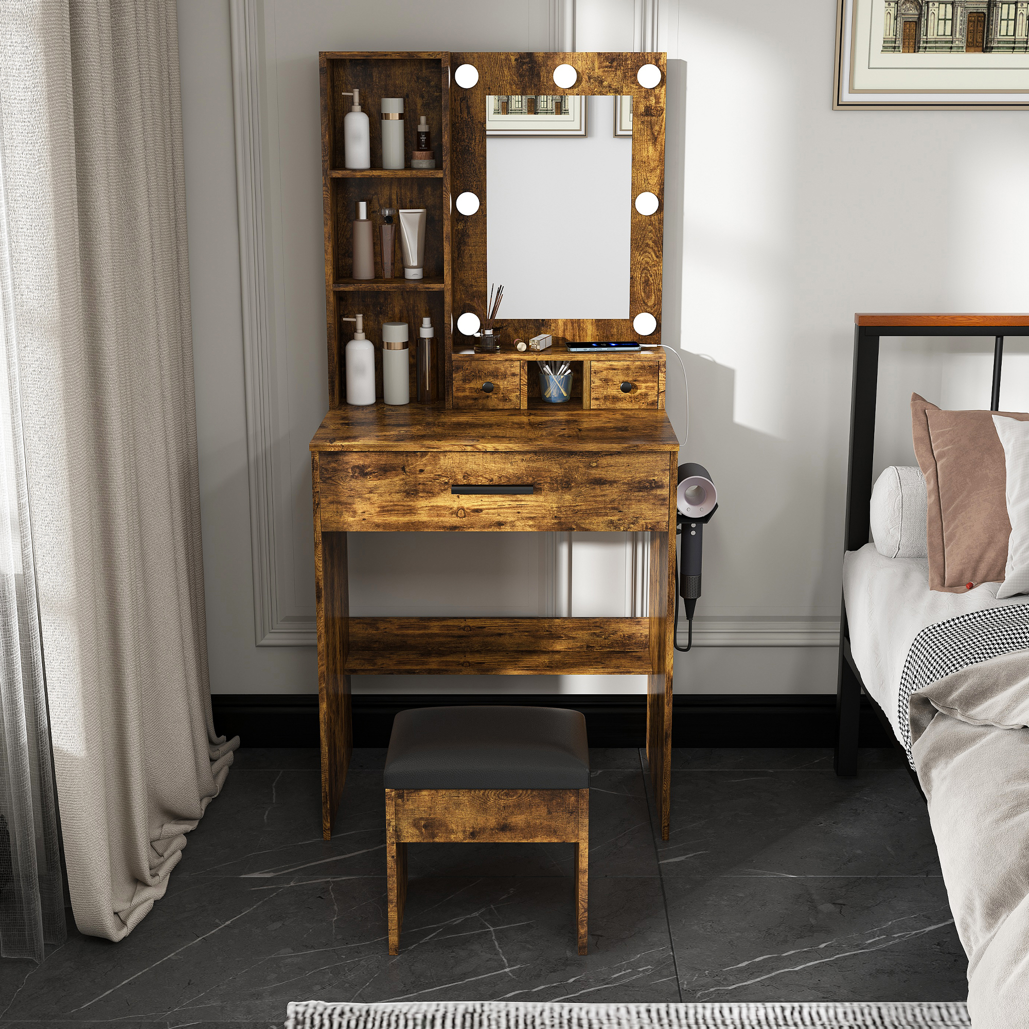 Table de vanité miroir, lumières LED ajustables, tabouret inclus