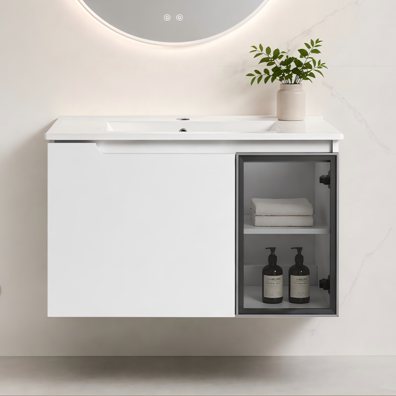 Vanité 30 po murale, céramique, portes douces, blanc/gris