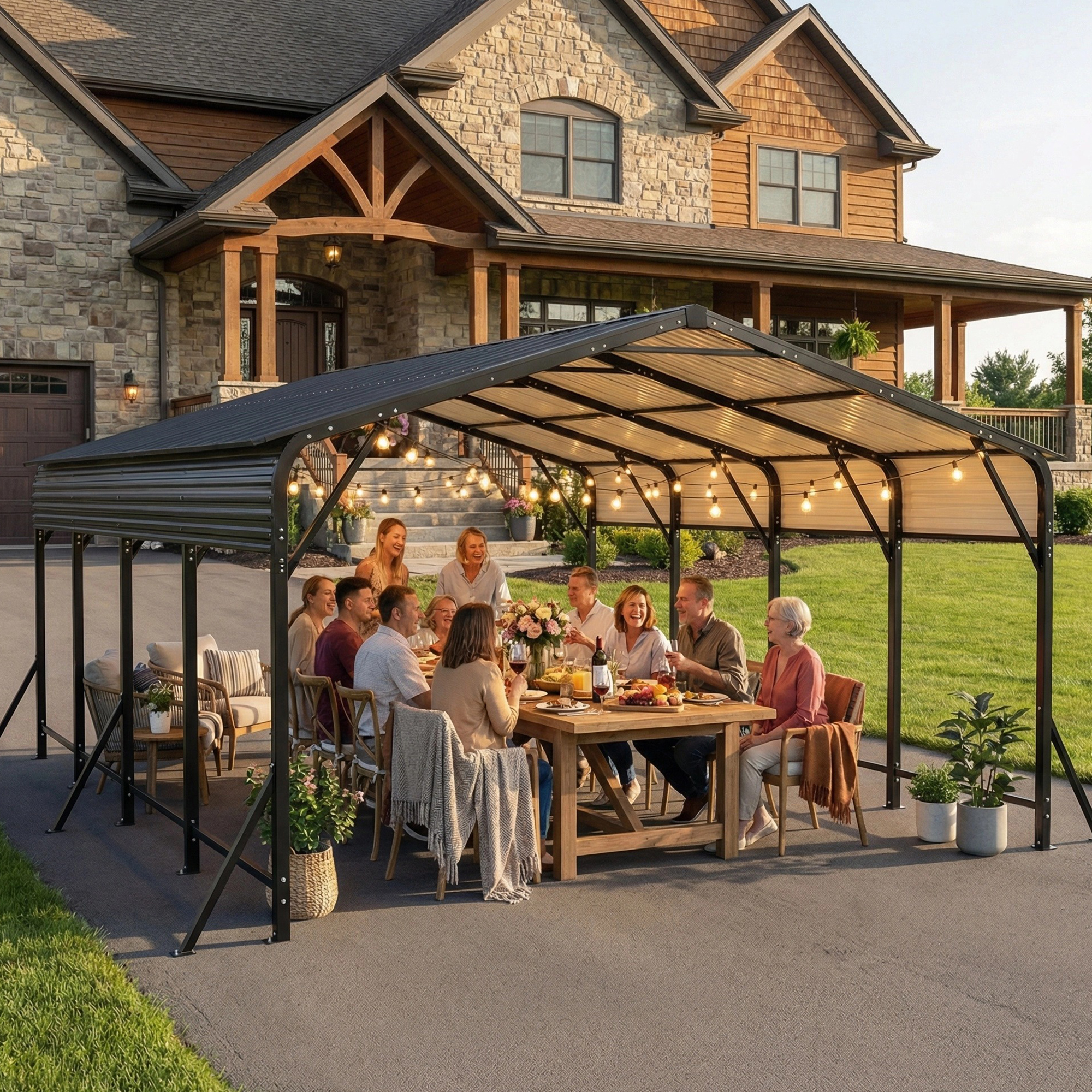 Carport acier galvanisé 20x20' - Cadre renforcé, toit imperméable