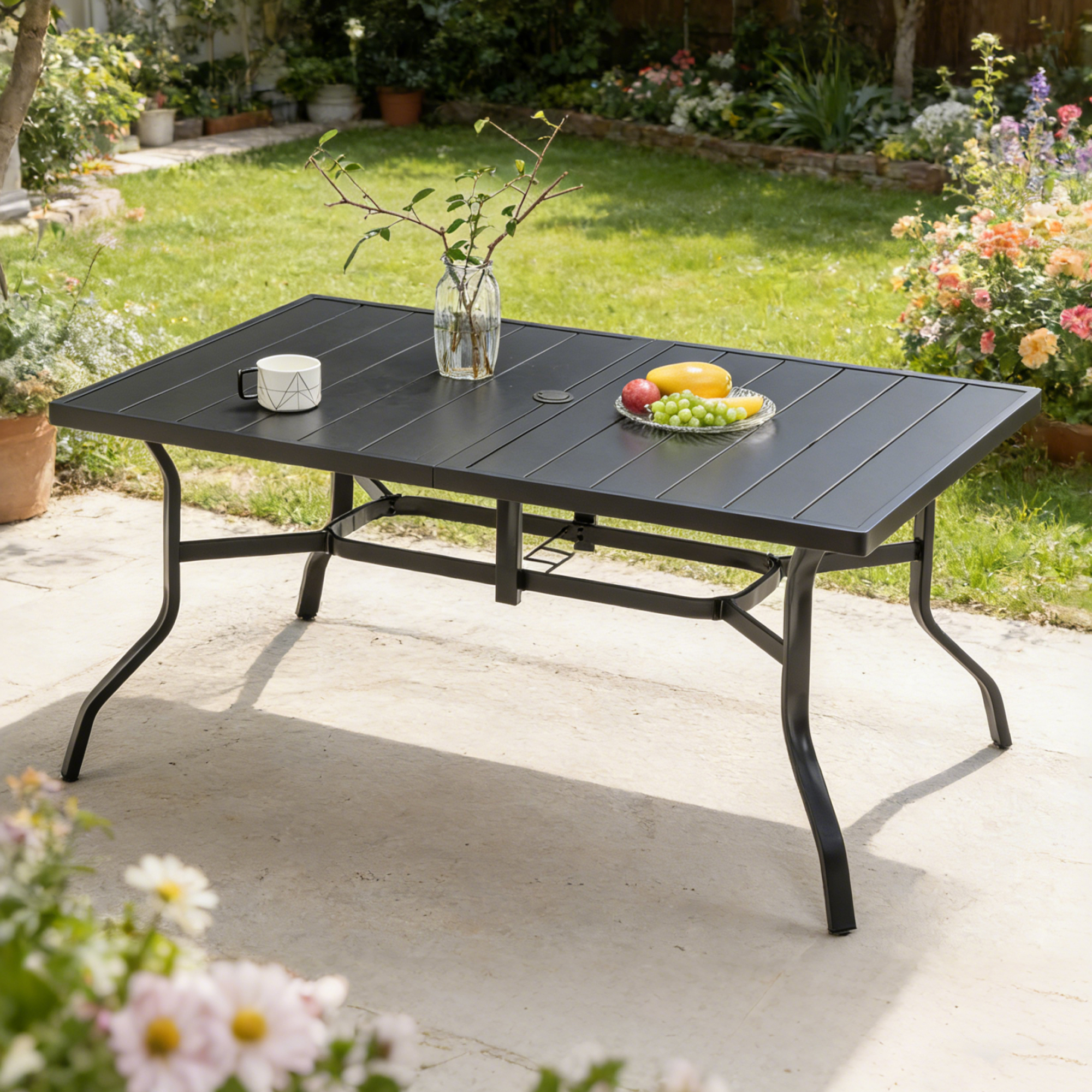 Table patio 6 personnes, acier poudré, trou parapluie 2,16"