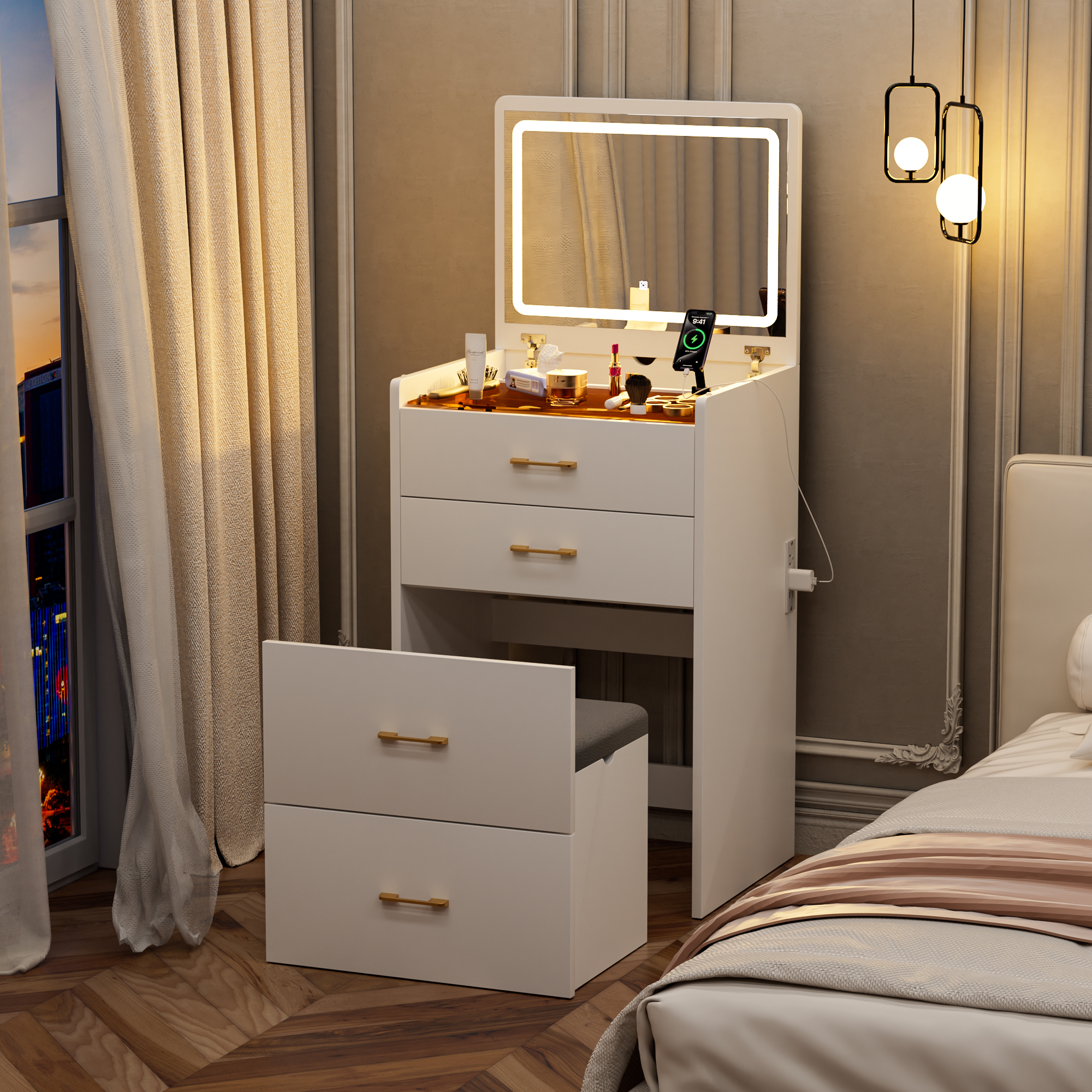 Coiffeuse vanité 3 en 1 miroir verre 3 tiroirs tabouret chambre